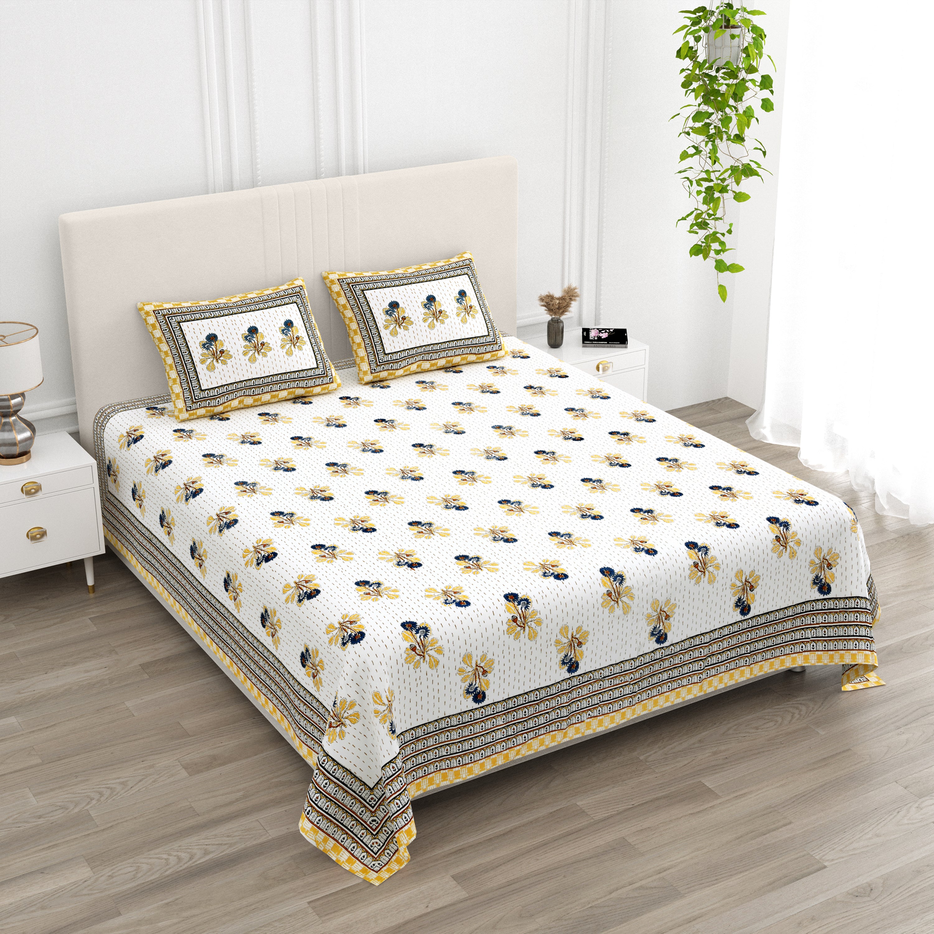 Running Stiches Pure Cotton Bedsheet - Mustard Yellow