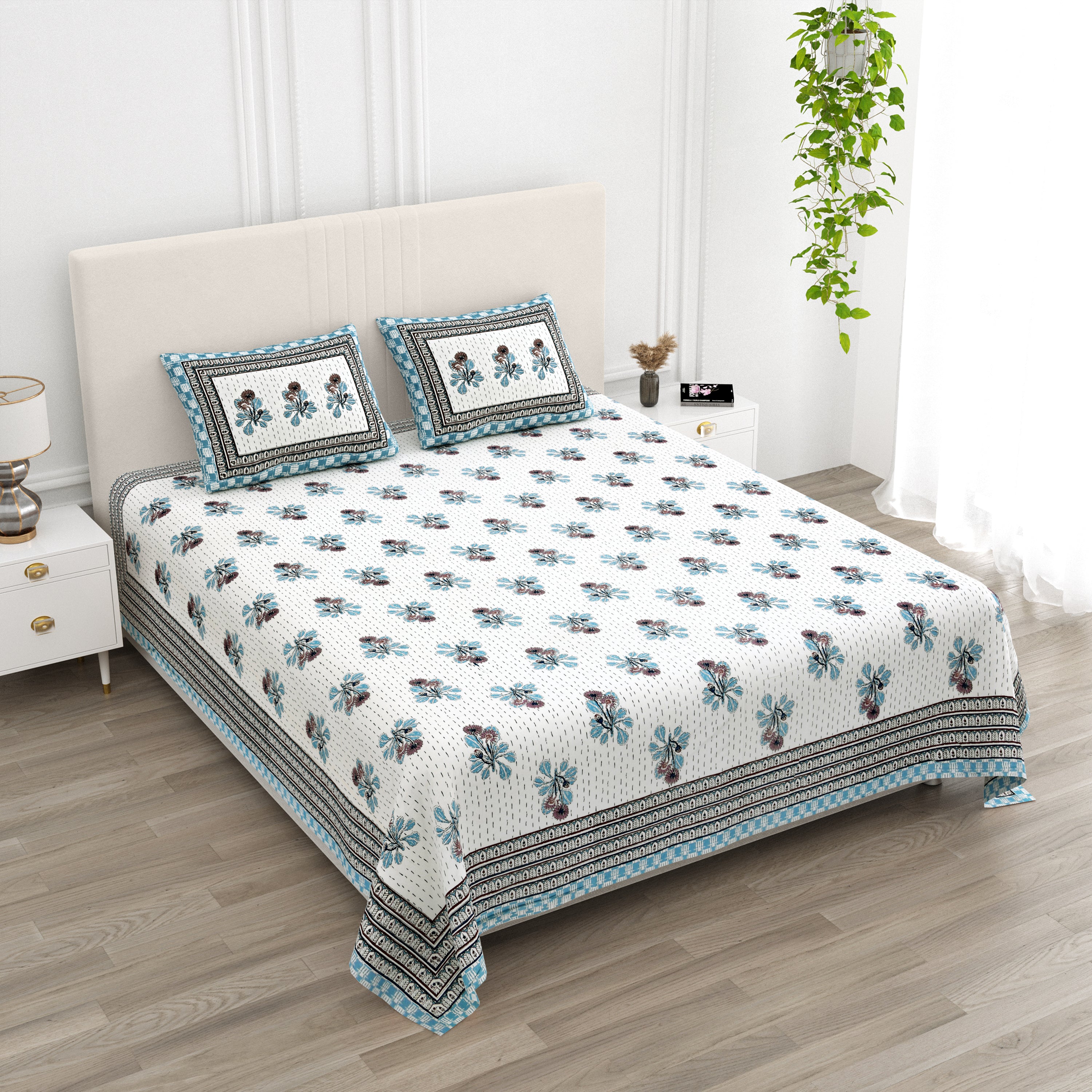 Running Stiches Pure Cotton Bedsheet - Sky Blue