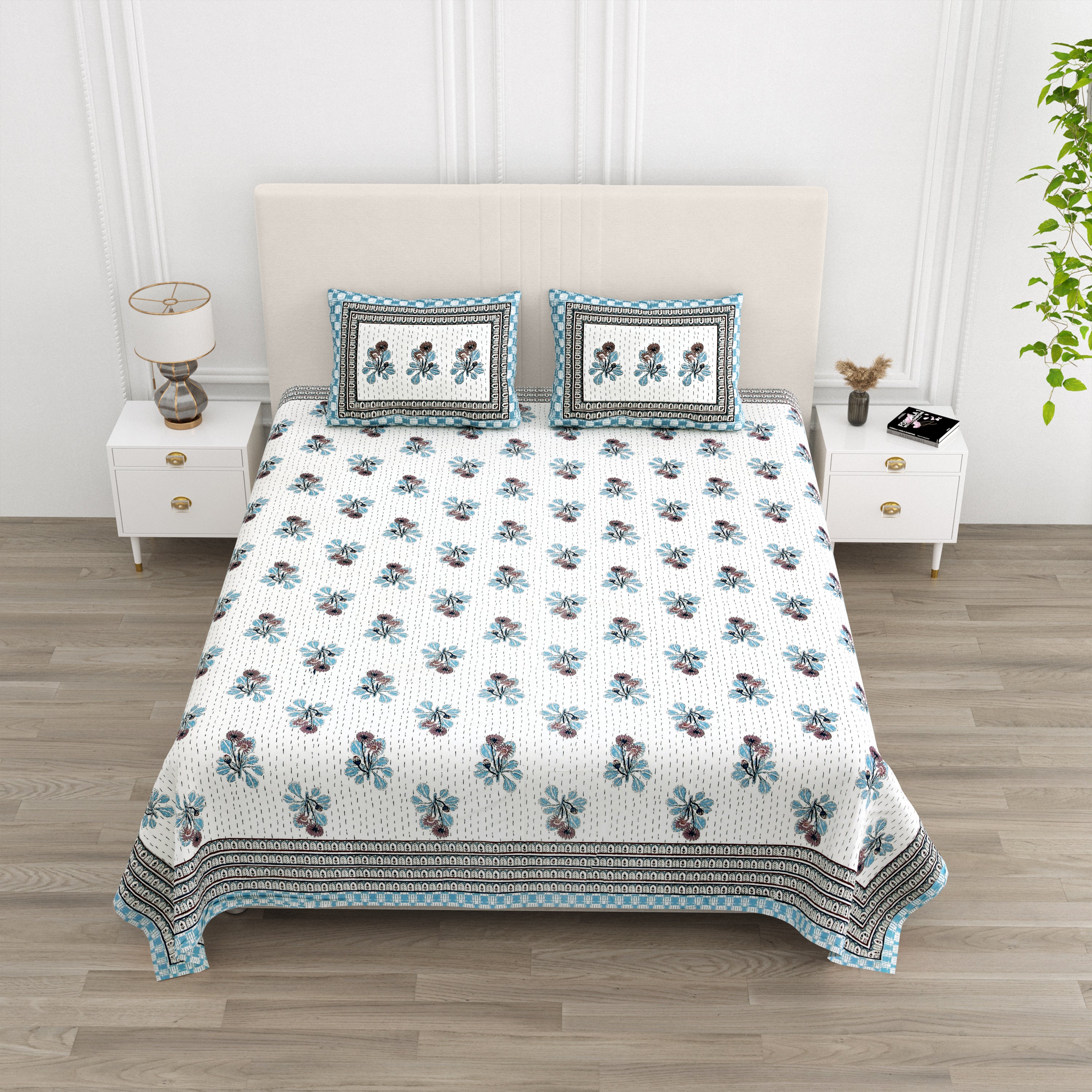 Running Stiches Pure Cotton Bedsheet - Sky Blue
