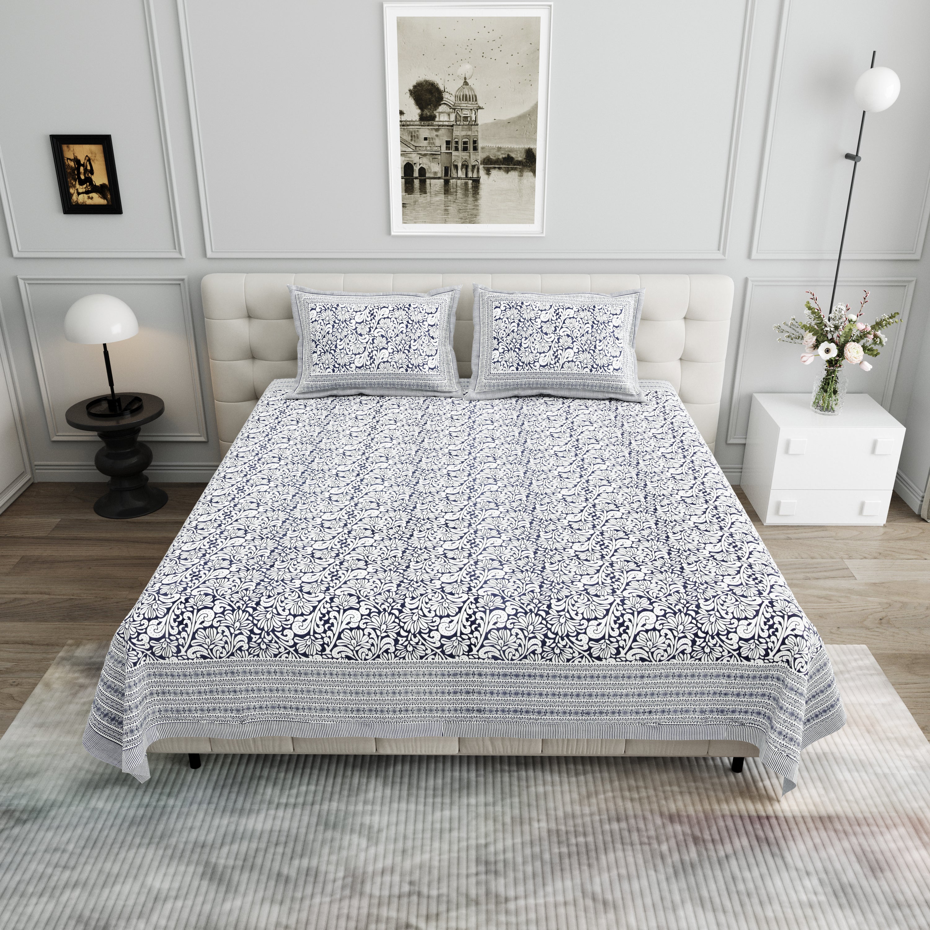 Paisley Block-Printed Cotton Bedsheet- Black