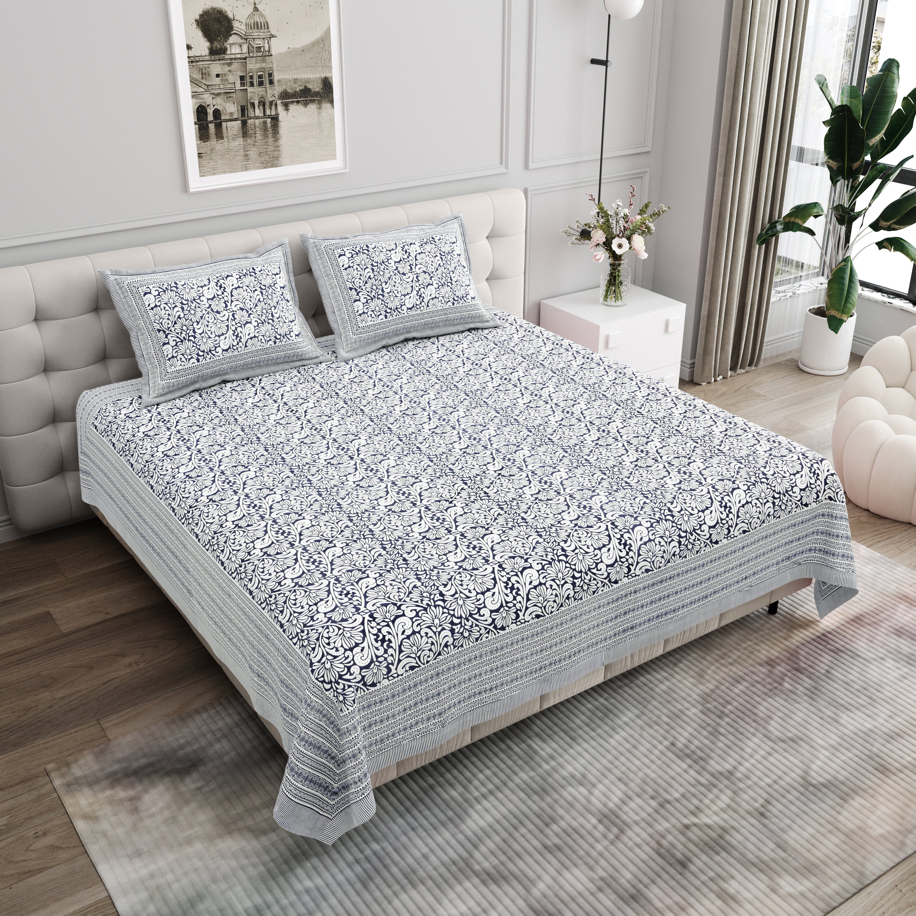 Paisley Block-Printed Cotton Bedsheet- Black