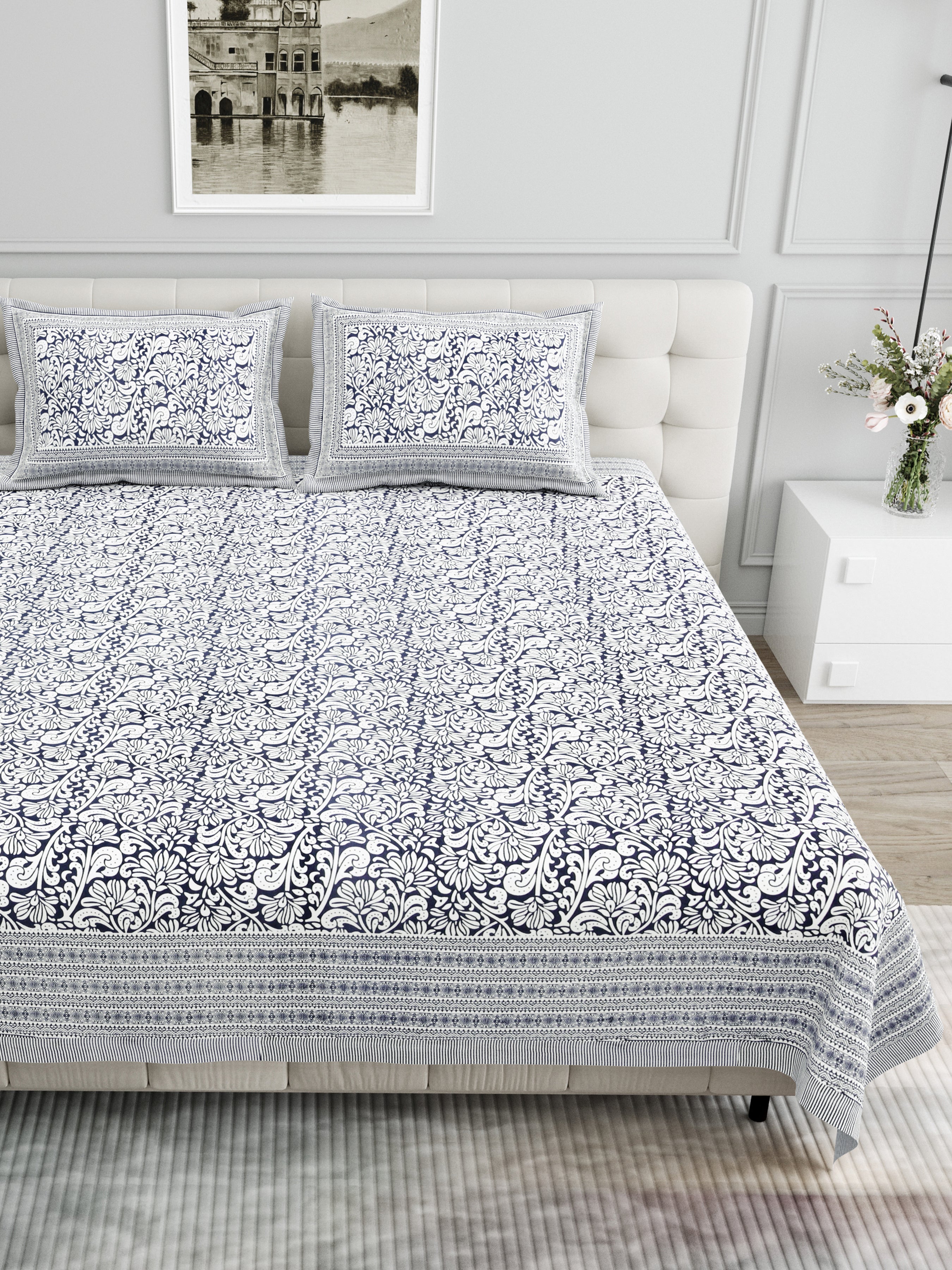 Paisley Block-Printed Cotton Bedsheet- Black