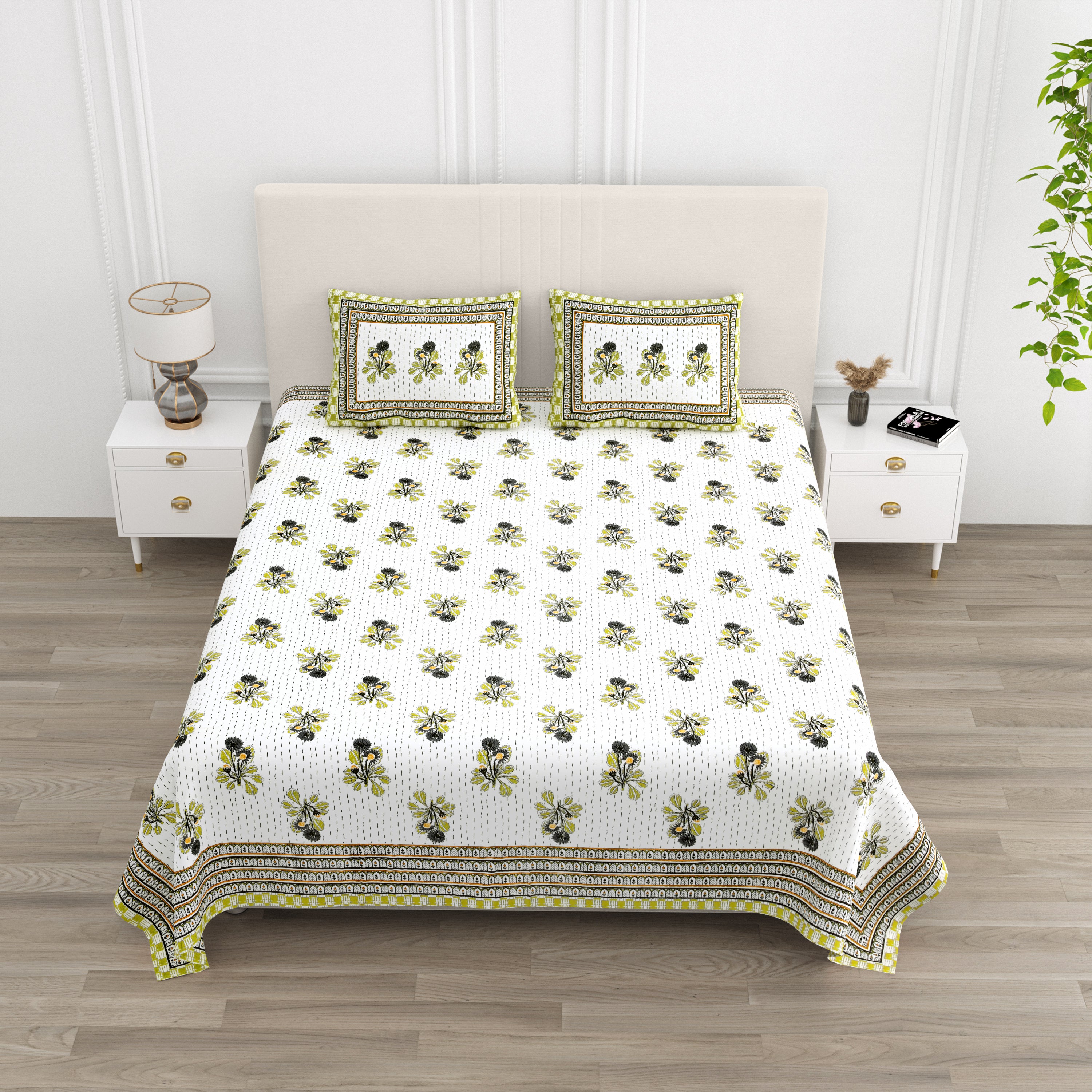 Running Stiches Pure Cotton Bedsheet - Olive