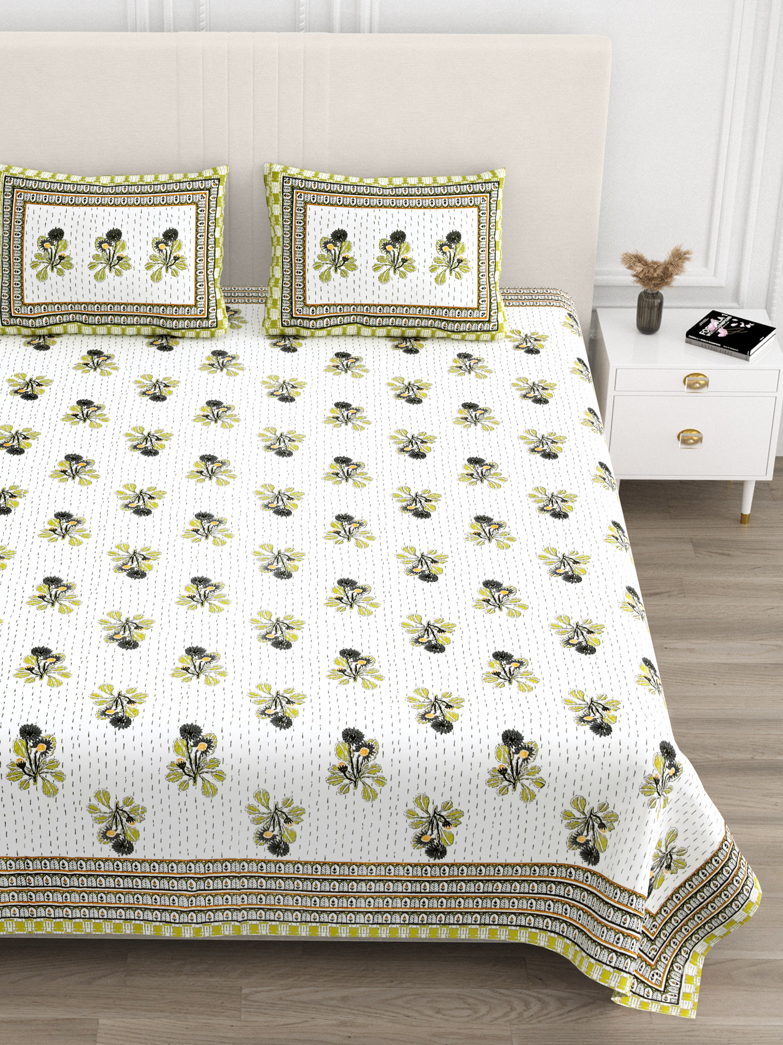 Running Stiches Pure Cotton Bedsheet - Olive