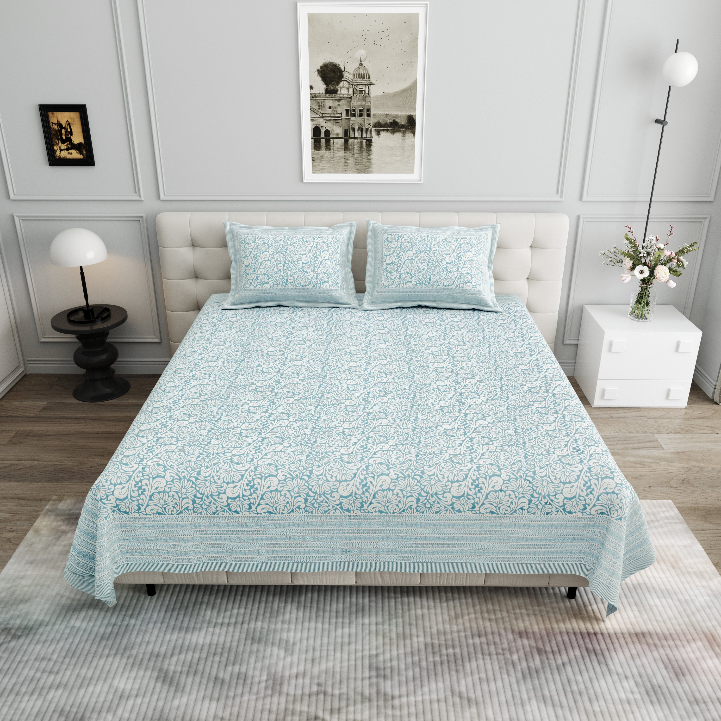 Paisley Block-Printed Cotton Bedsheet- Mint Green