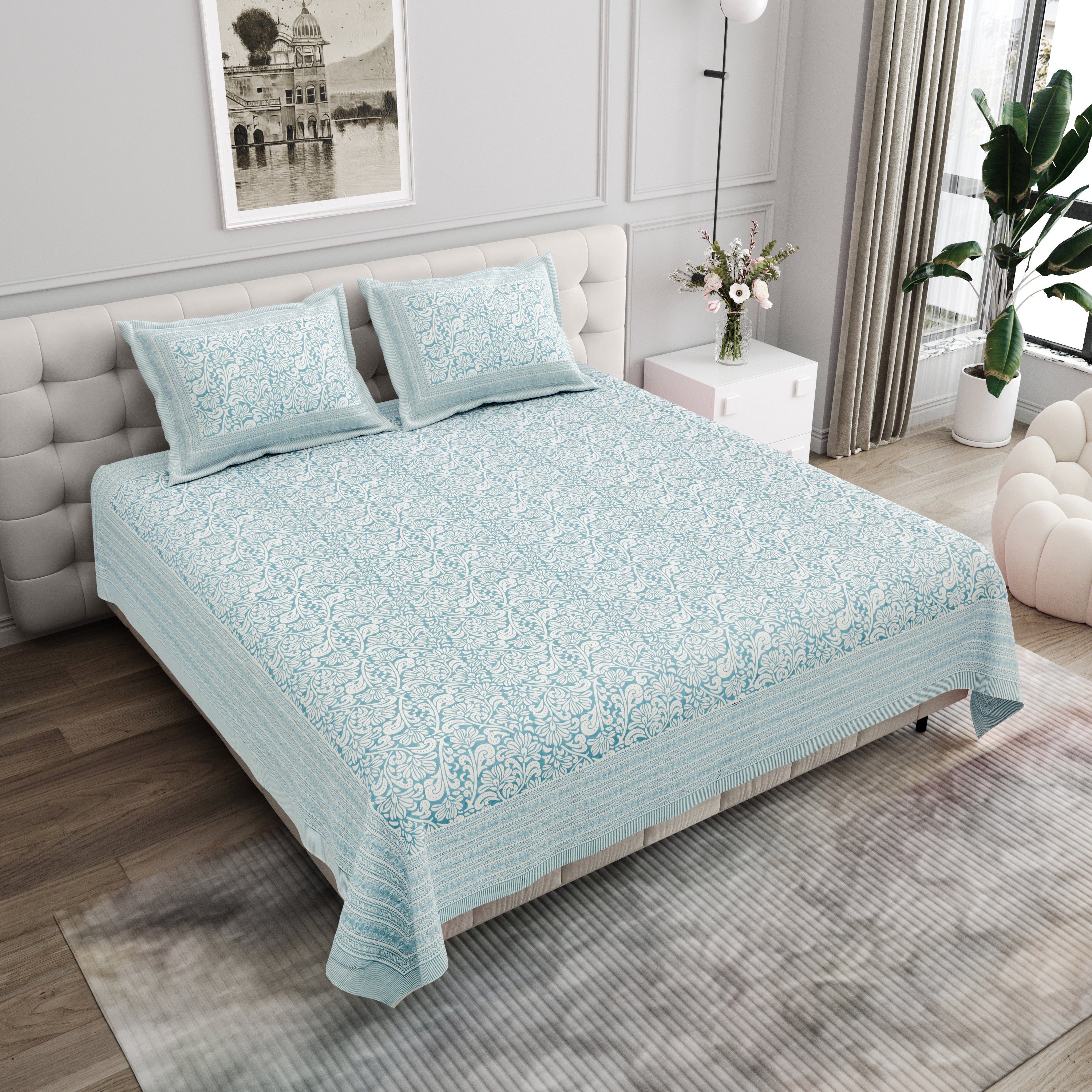 Paisley Block-Printed Cotton Bedsheet- Mint Green