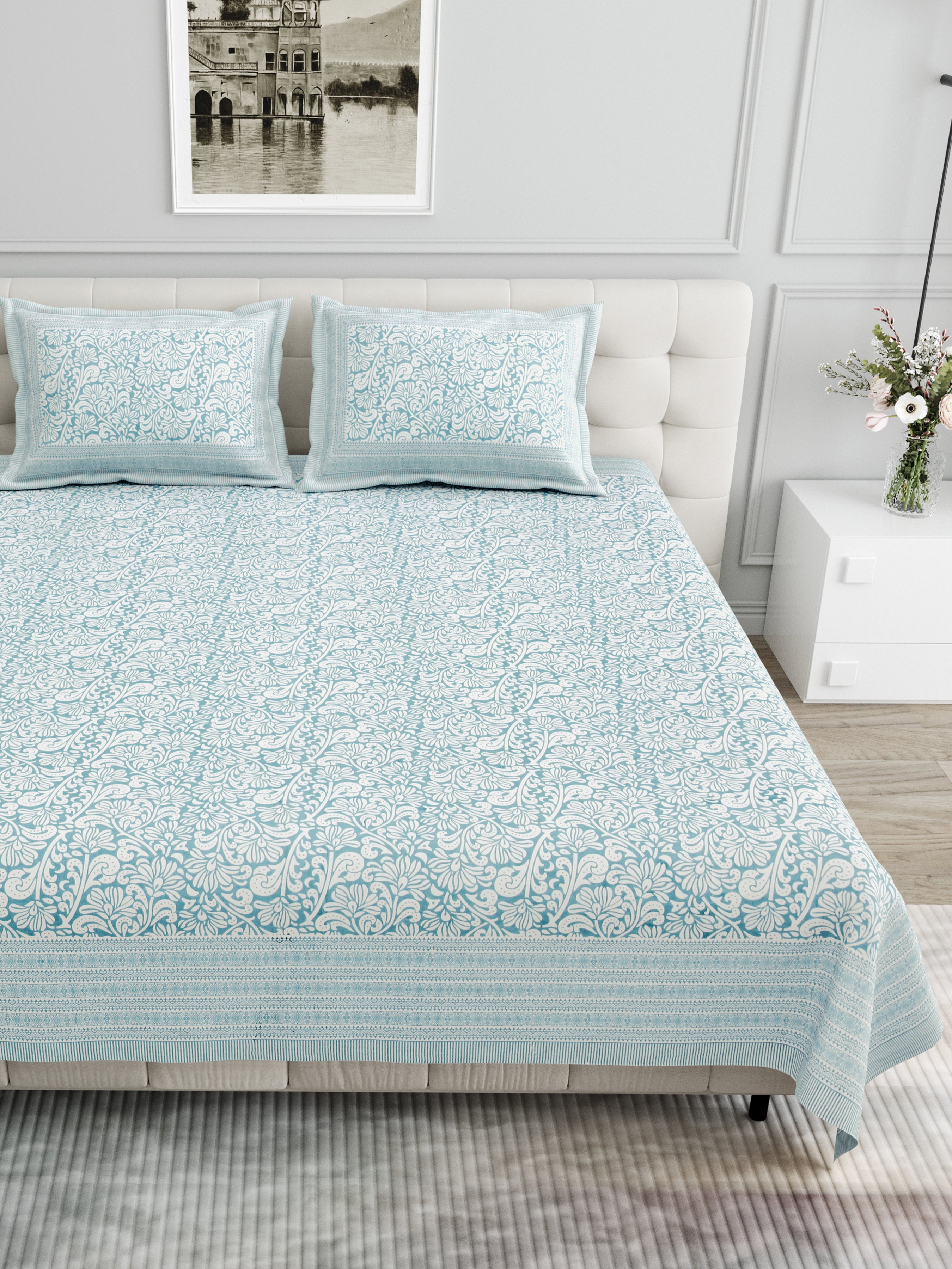 Paisley Block-Printed Cotton Bedsheet- Mint Green