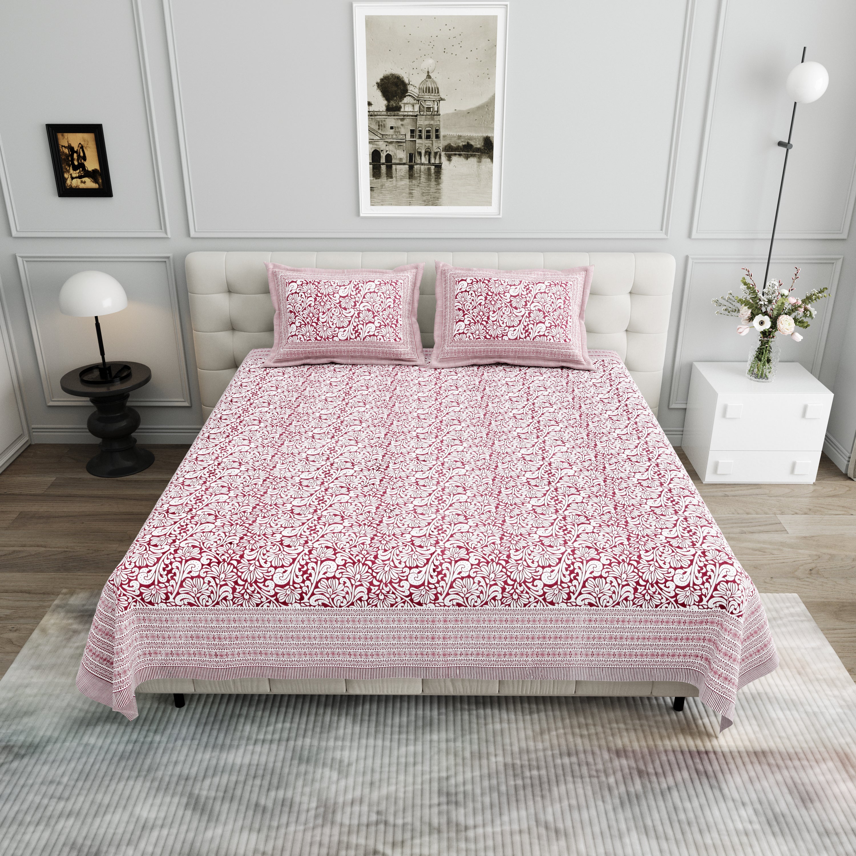 Paisley Block-Printed Cotton Bedsheet- Pink