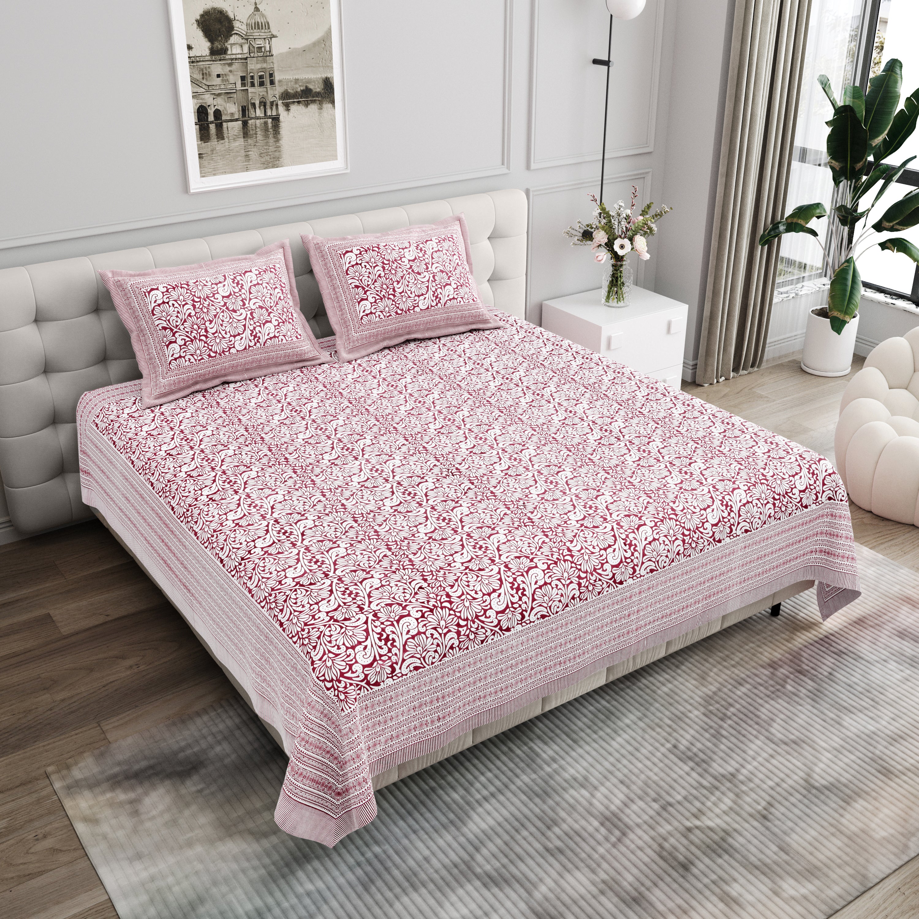 Paisley Block-Printed Cotton Bedsheet- Pink