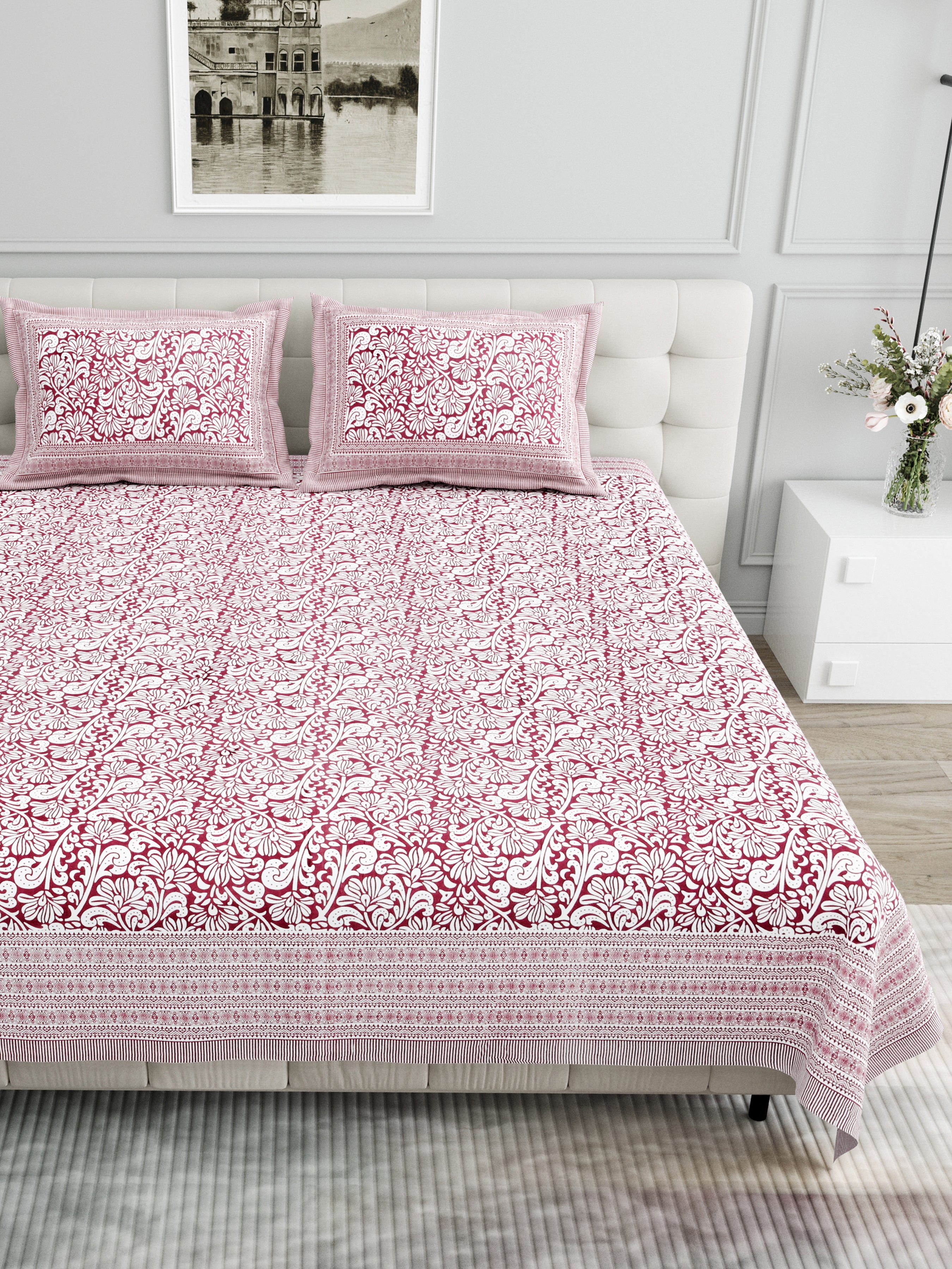 Paisley Block-Printed Cotton Bedsheet- Pink