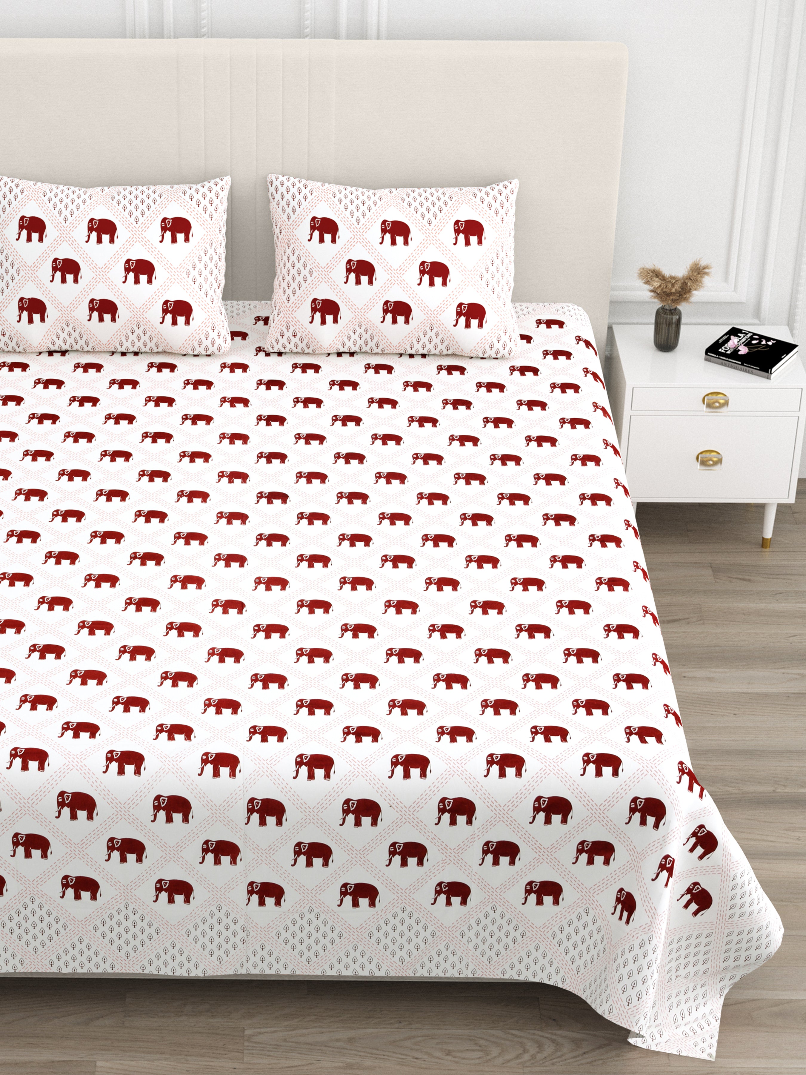 Standing Elephant Cotton Bedsheet - Red