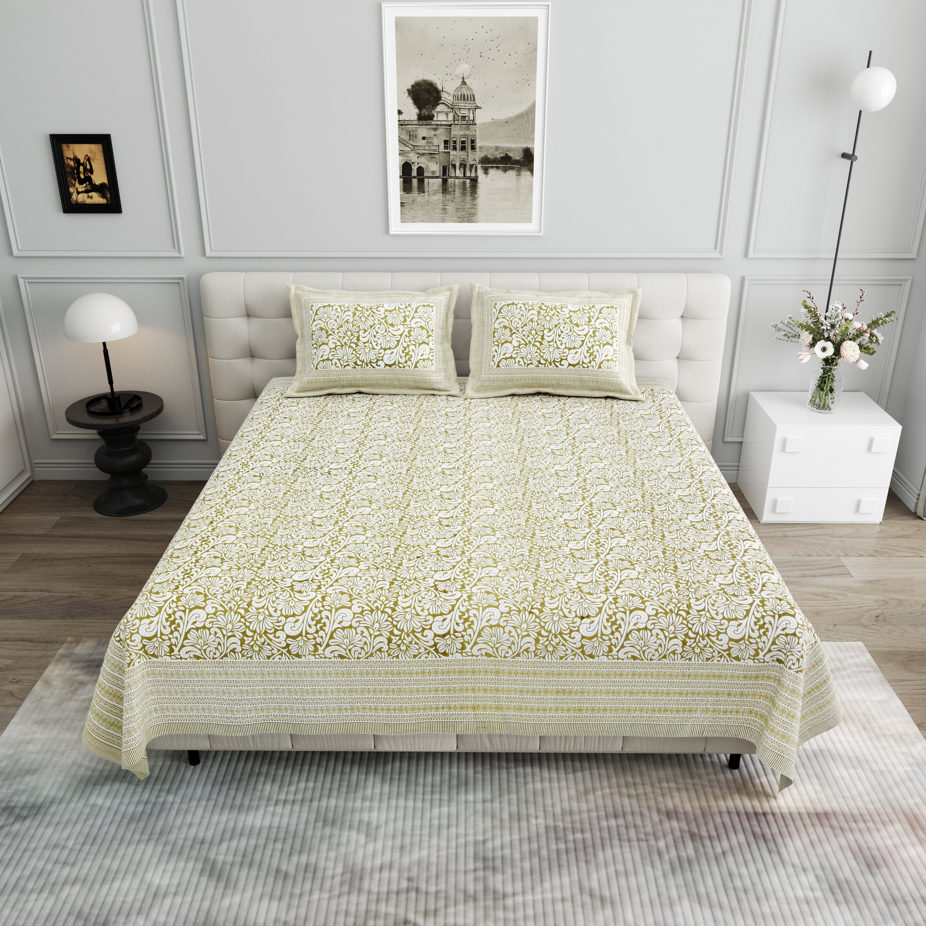 Paisley Block-Printed Cotton Bedsheet- Olive Green