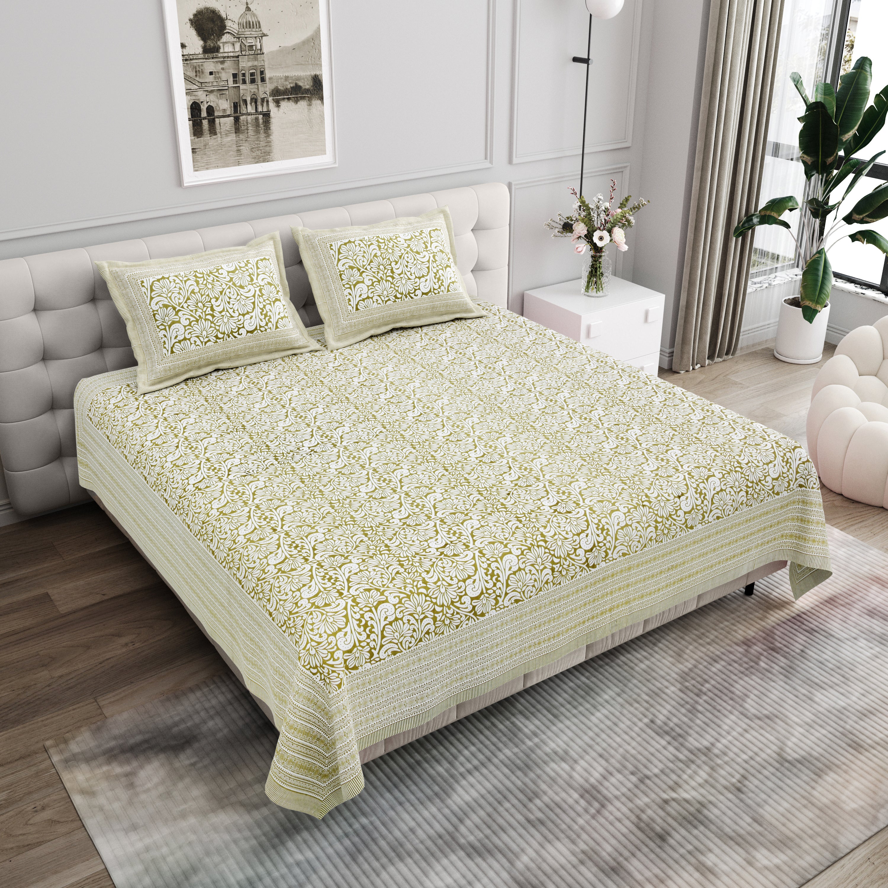 Paisley Block-Printed Cotton Bedsheet- Olive Green