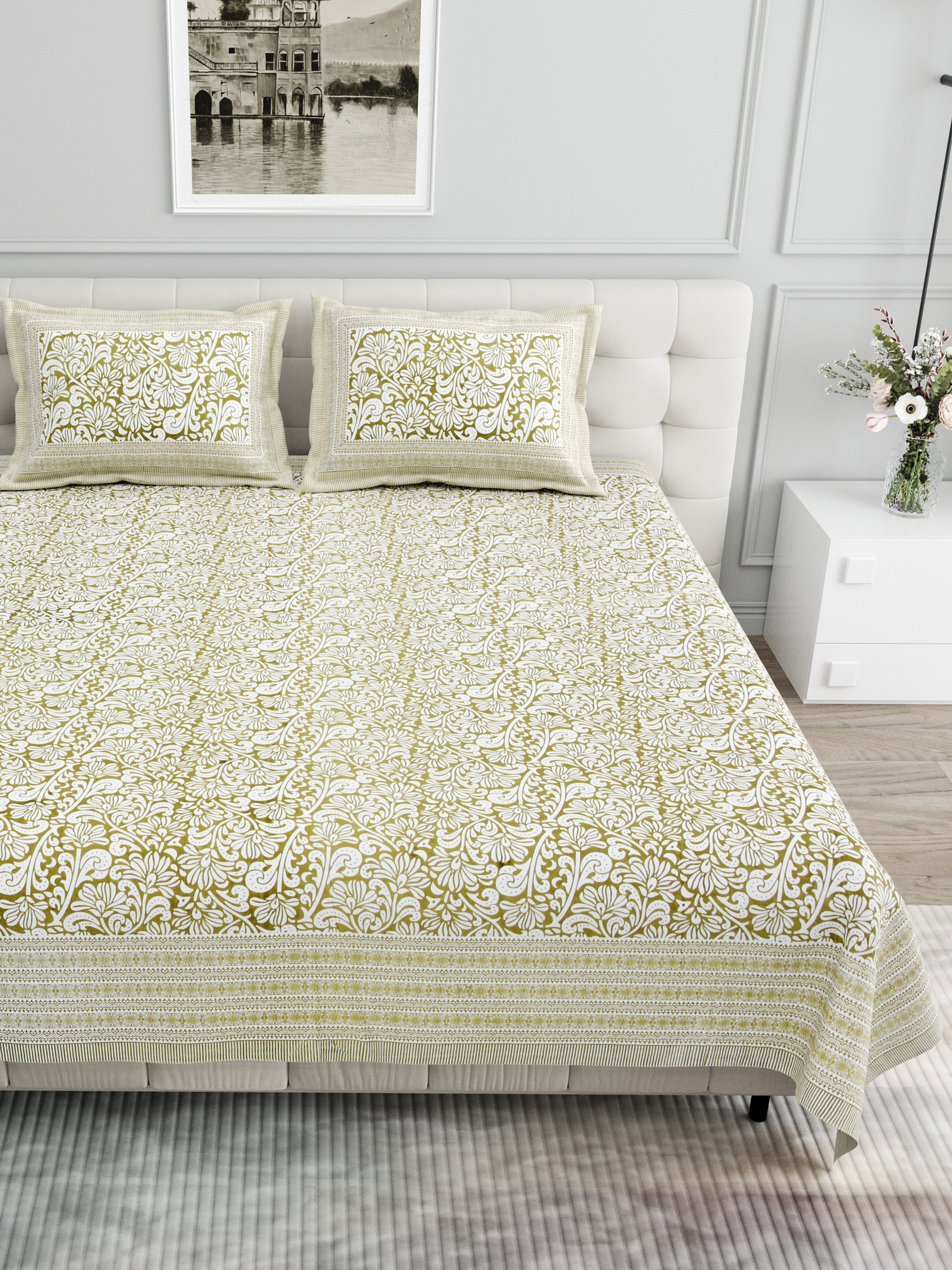 Paisley Block-Printed Cotton Bedsheet- Olive Green