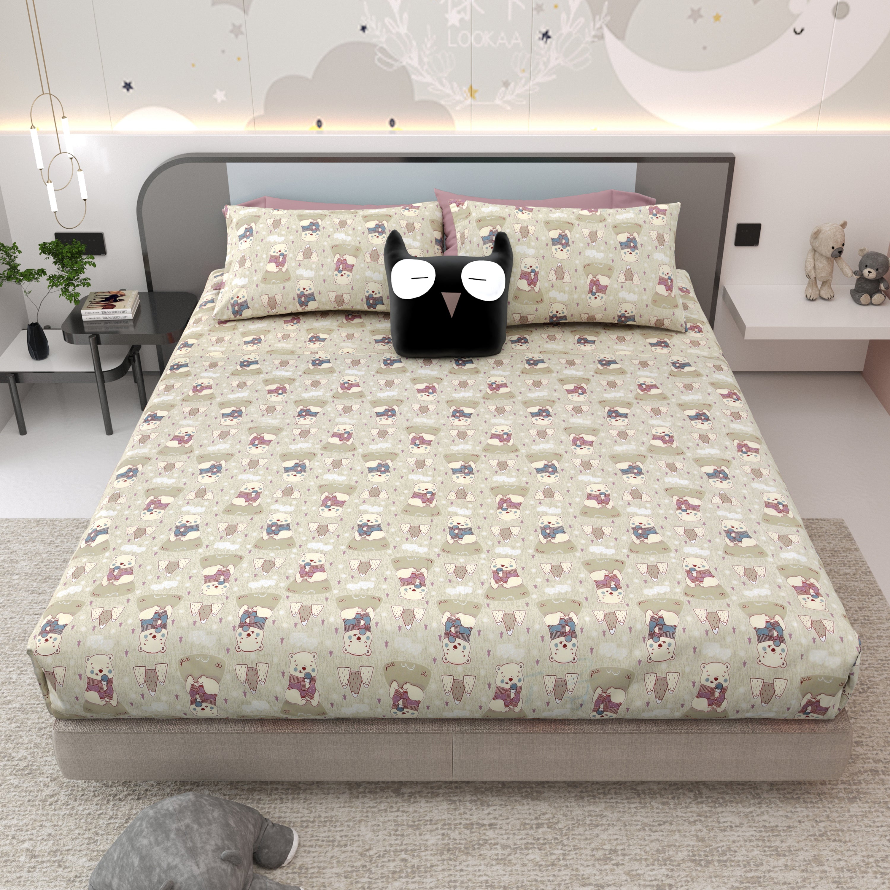 Bear Buddies Pure Cotton Bedsheet- Beige