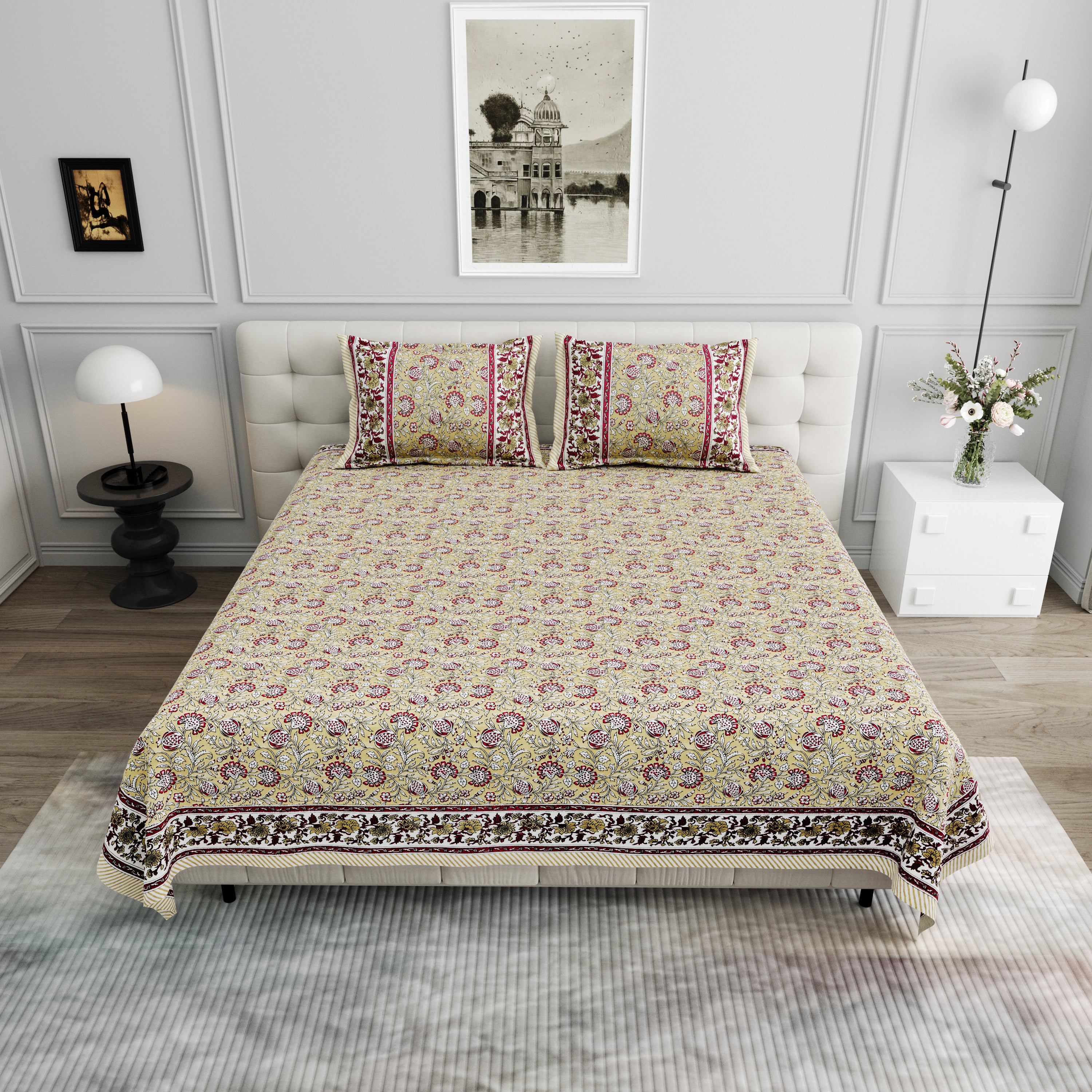 Floral Block-Printed Cotton Bedsheet- Mustard Yellow