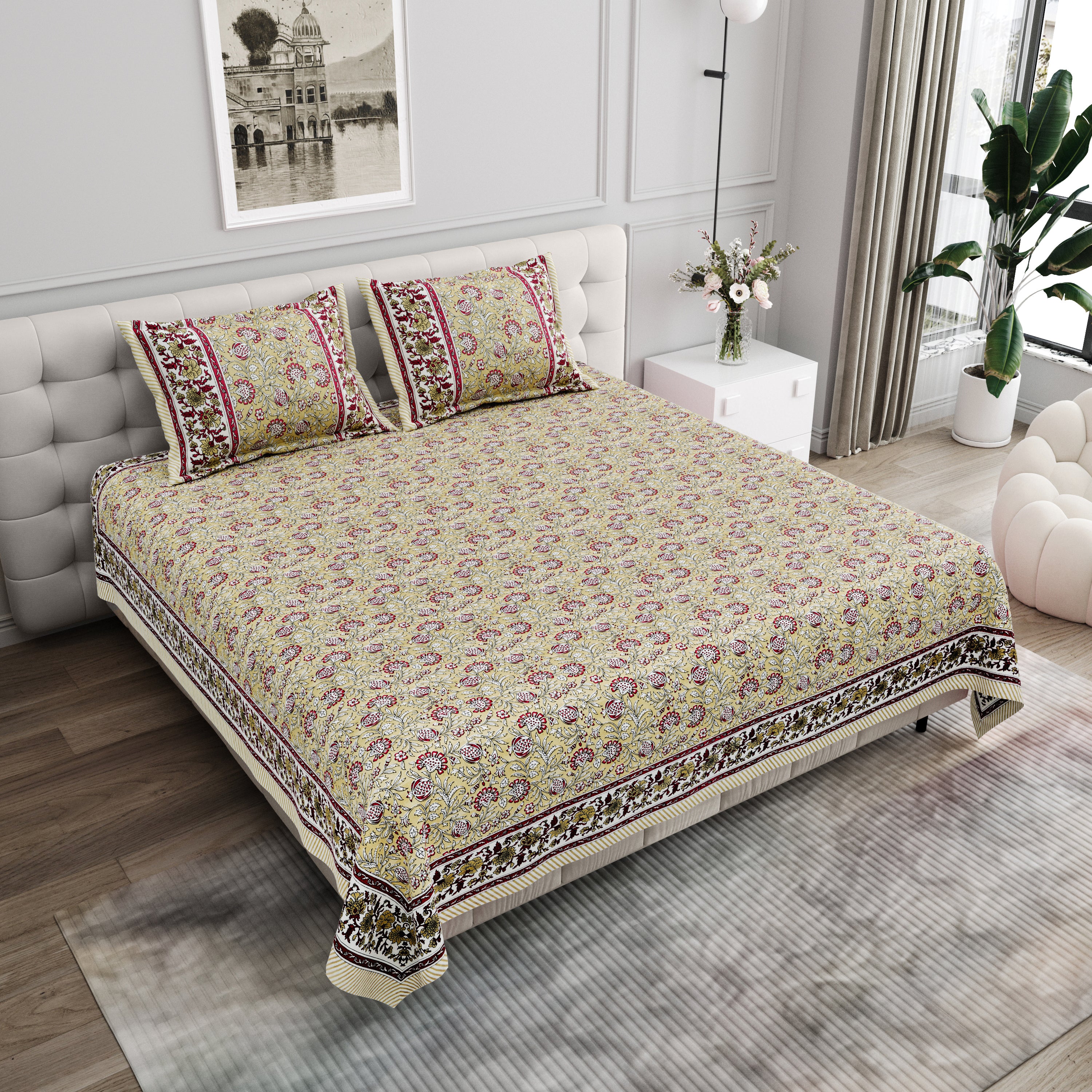 Floral Block-Printed Cotton Bedsheet- Mustard Yellow