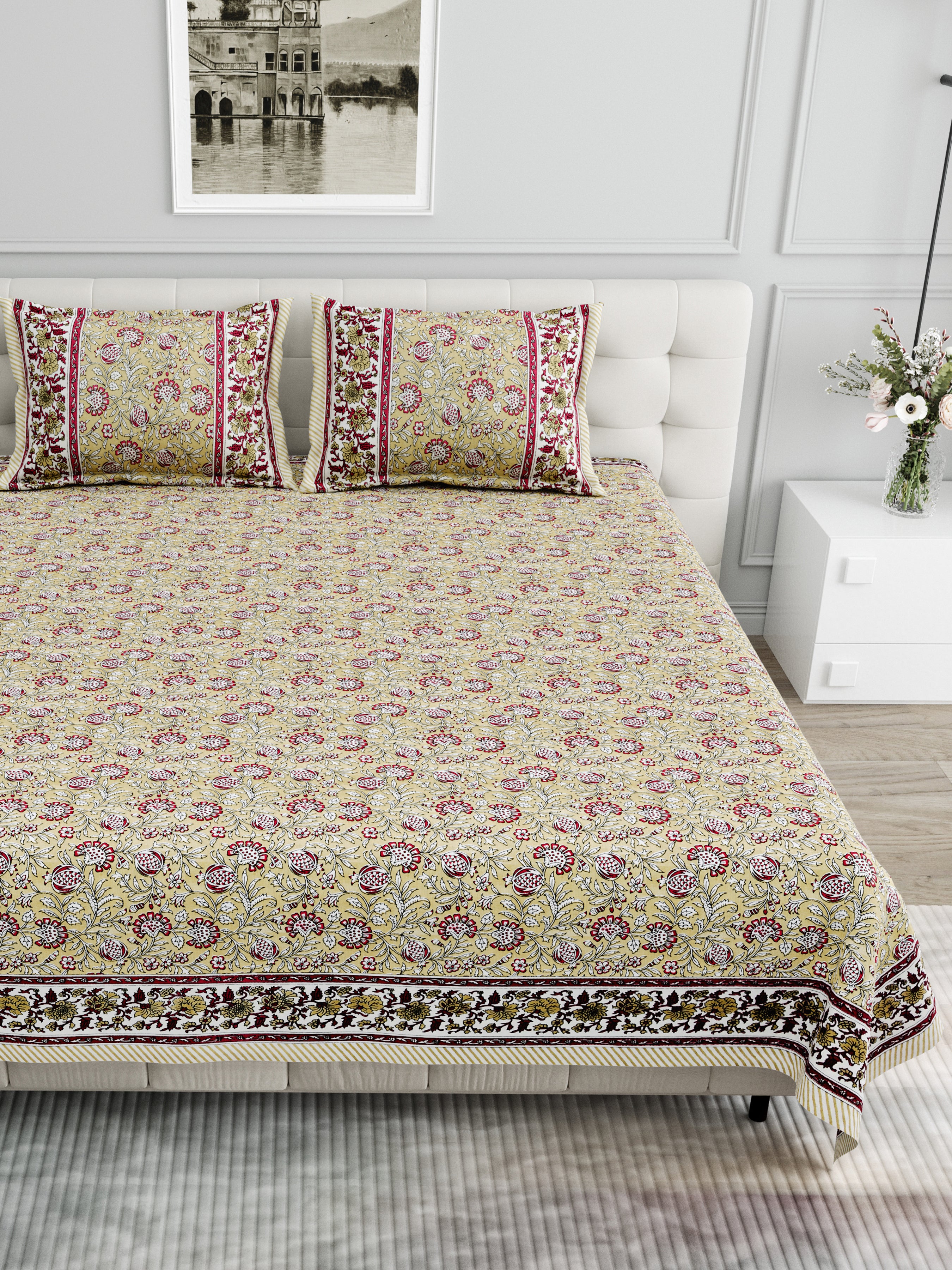 Floral Block-Printed Cotton Bedsheet- Mustard Yellow
