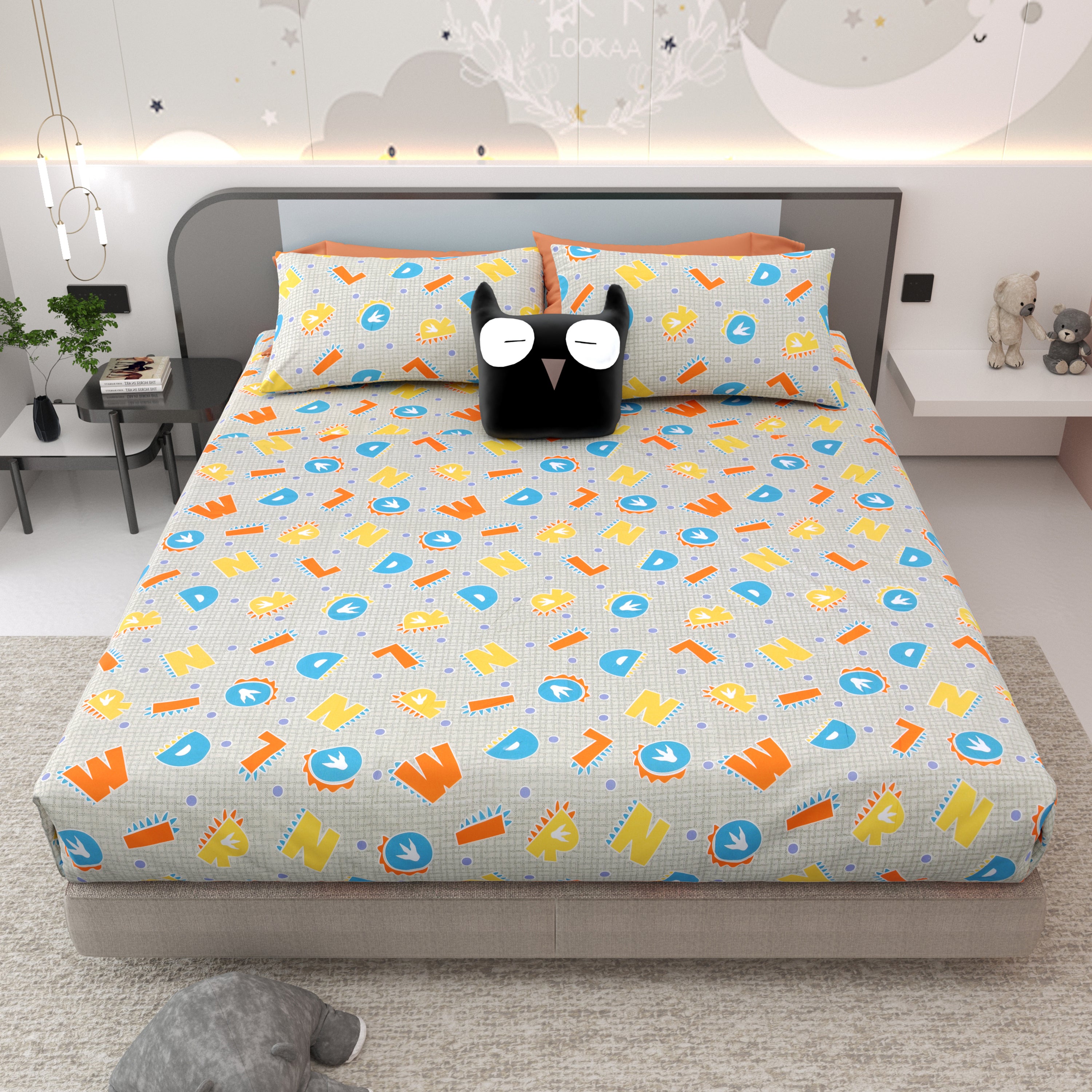 Alphabetical Adventure Pure Cotton Bedsheet- Creamy Green