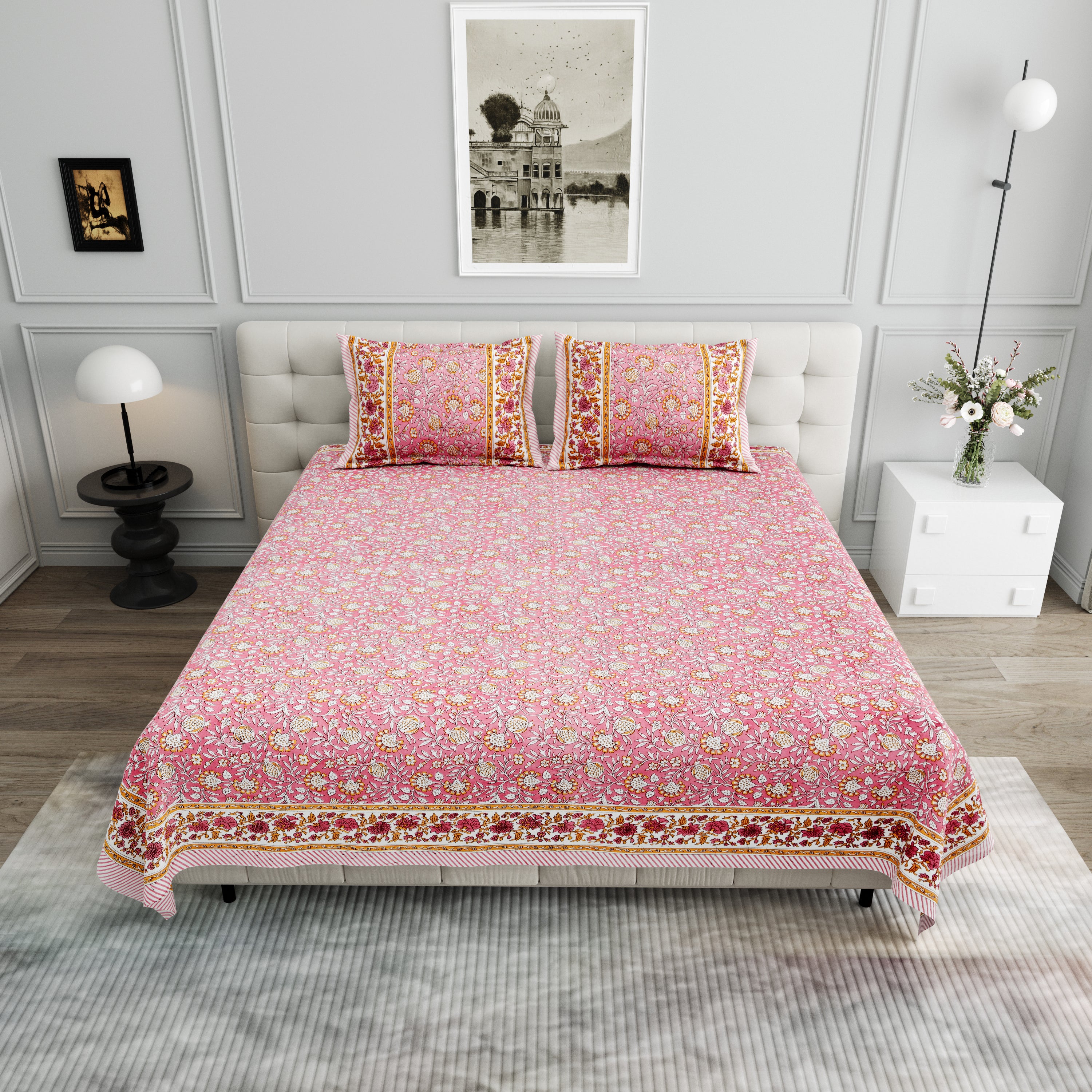 Floral Block-Printed Cotton Bedsheet- Rose Pink