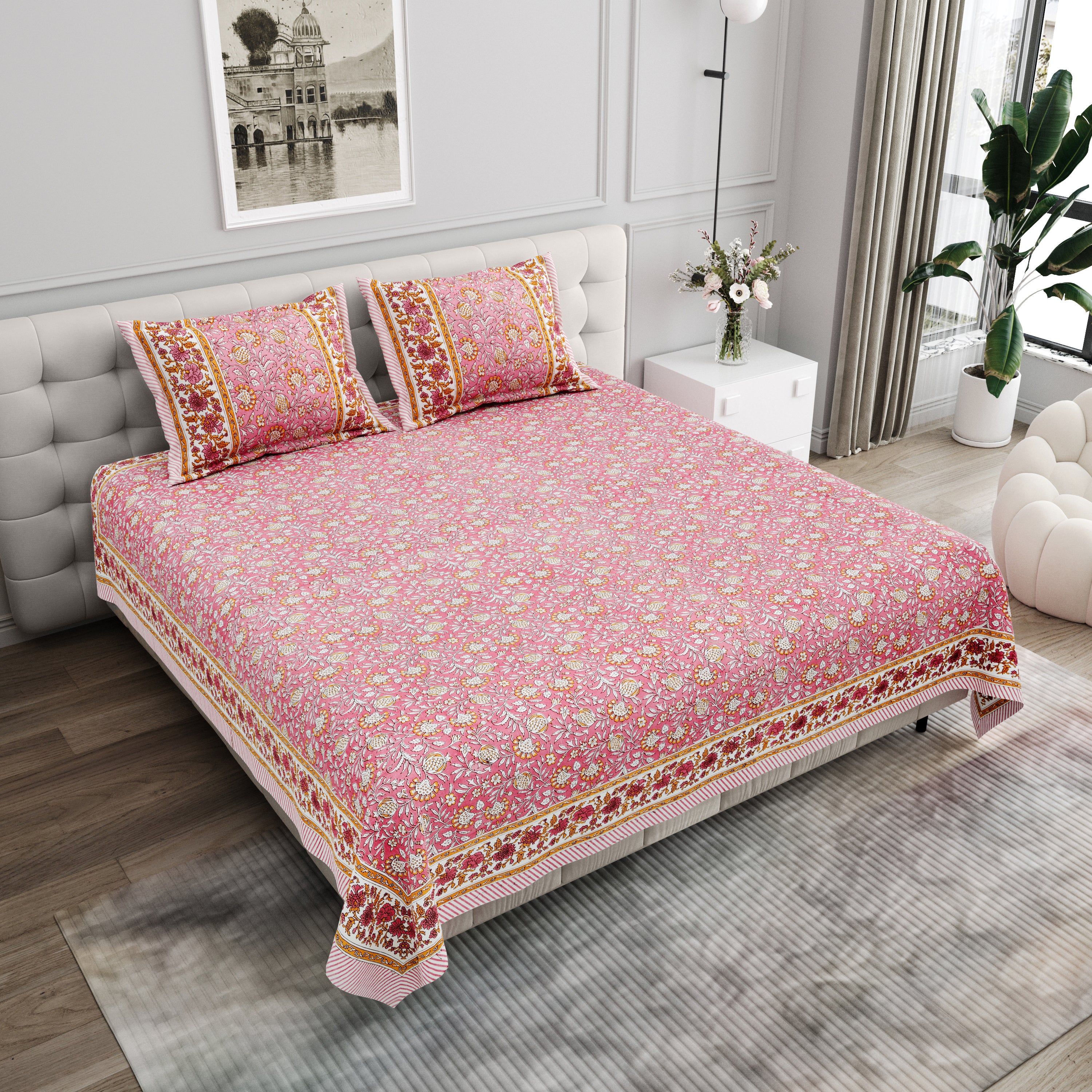 Floral Block-Printed Cotton Bedsheet- Rose Pink