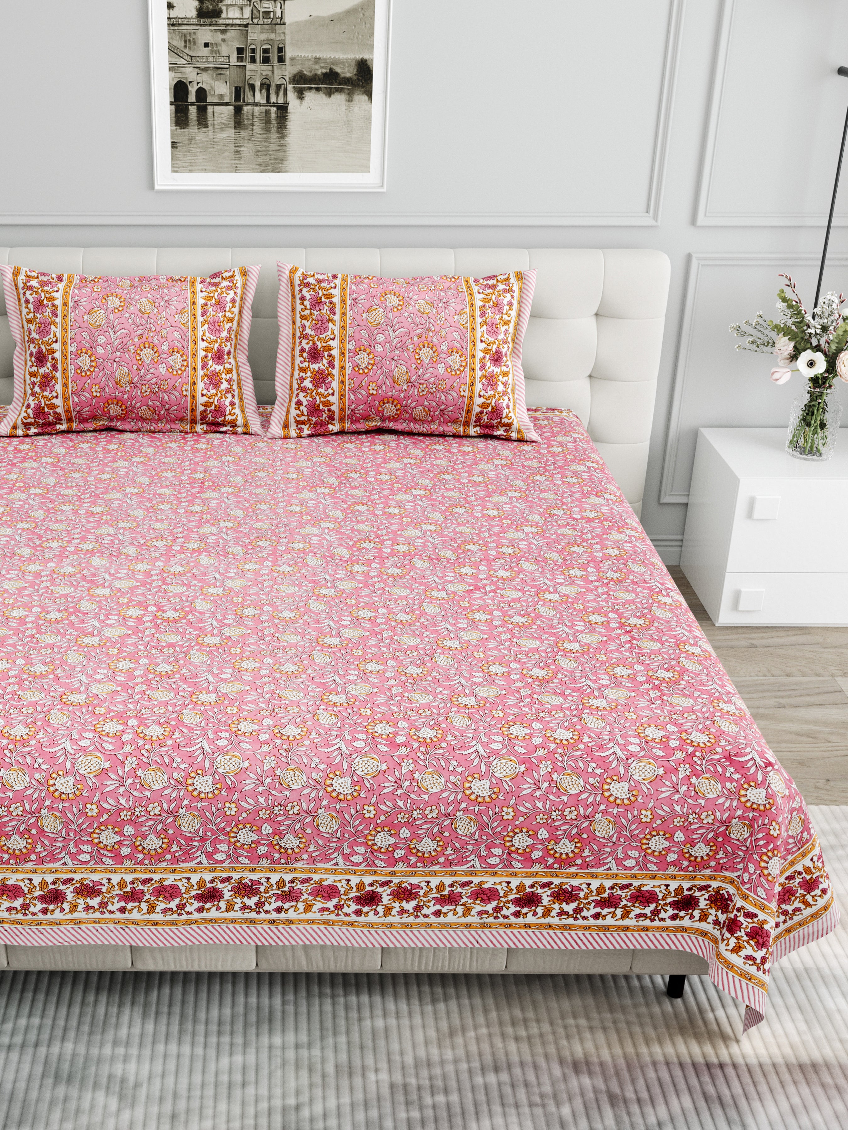 Floral Block-Printed Cotton Bedsheet- Rose Pink
