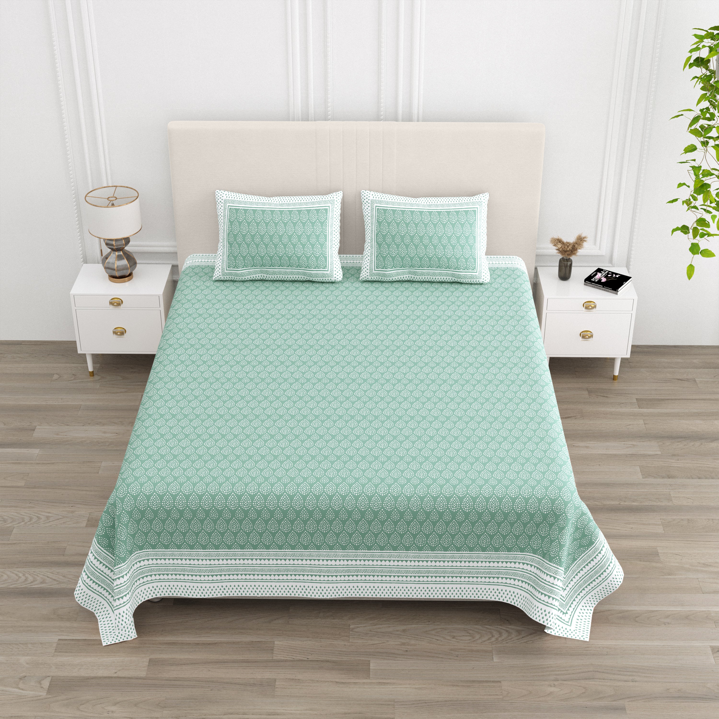 Teardrop Printed Cotton Bedsheet - Sage Green