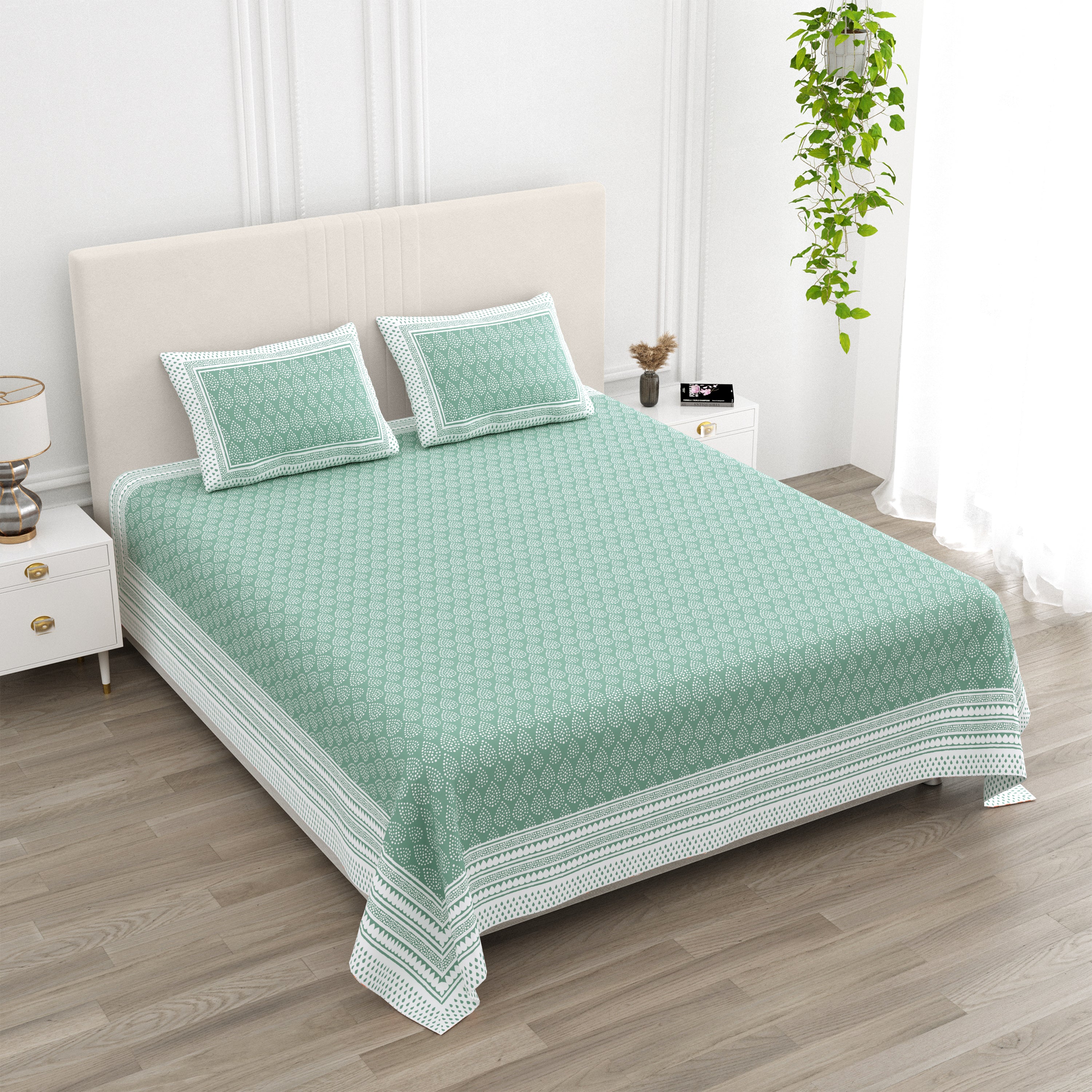 Teardrop Printed Cotton Bedsheet - Sage Green