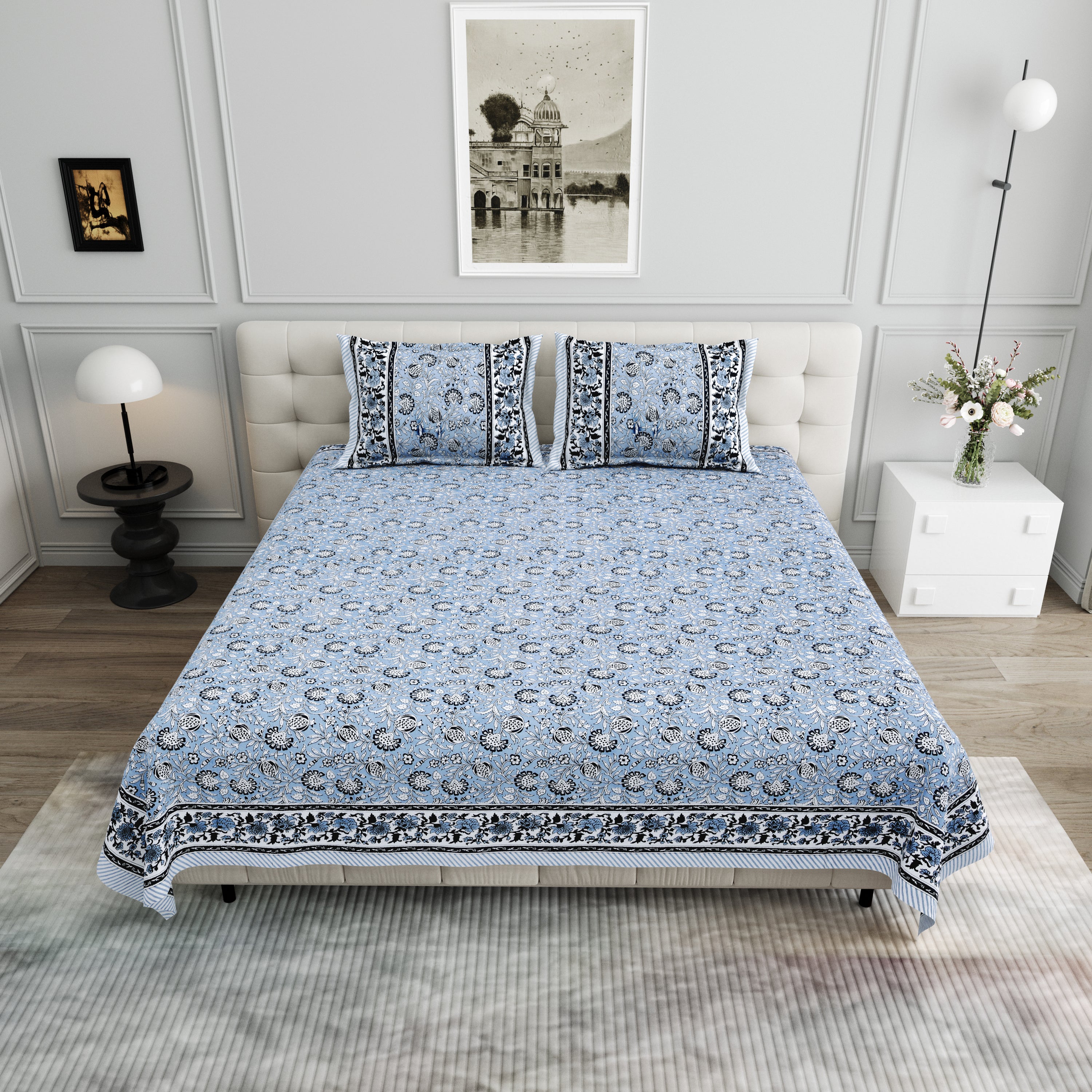 Floral Block-Printed Cotton Bedsheet- Blue