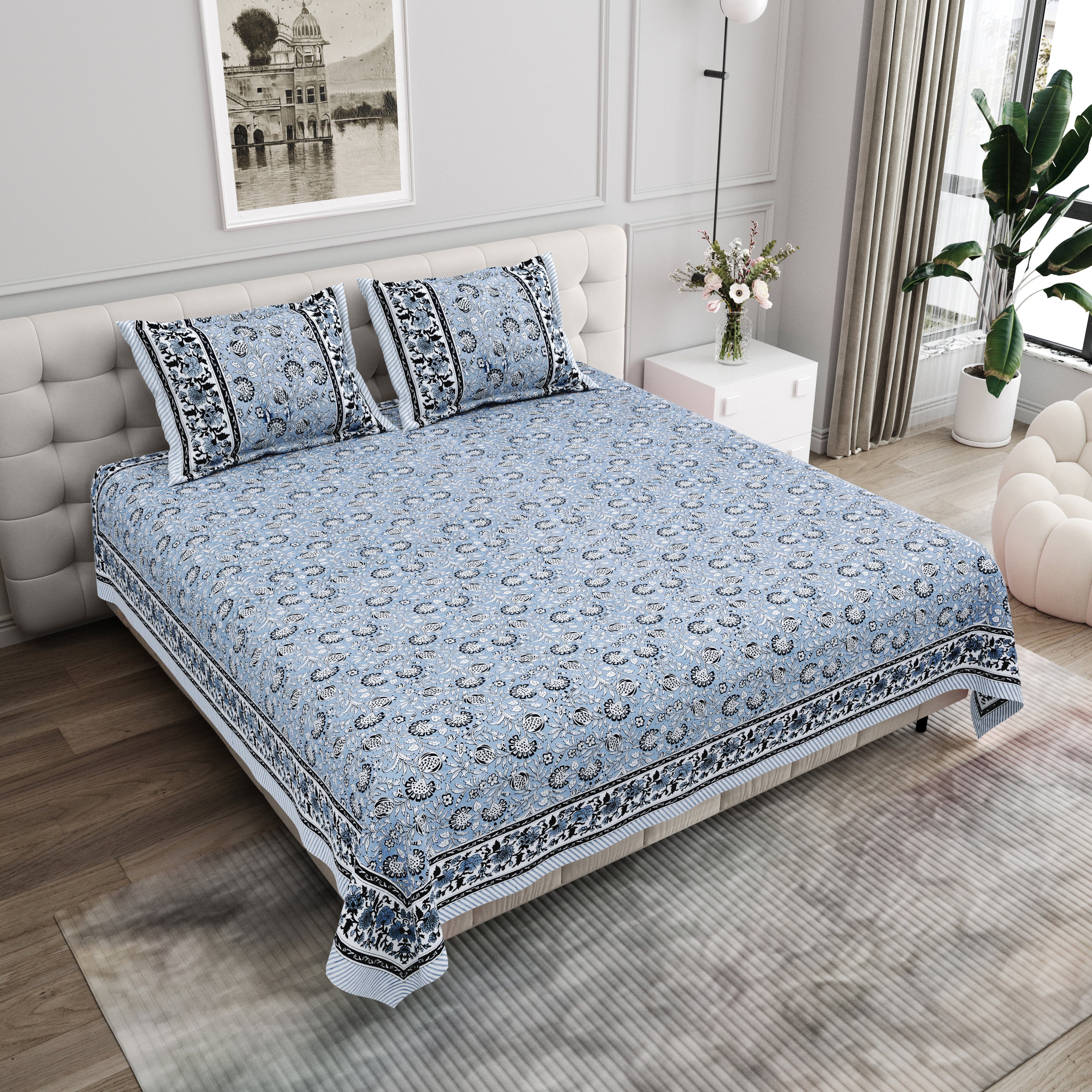 Floral Block-Printed Cotton Bedsheet- Blue