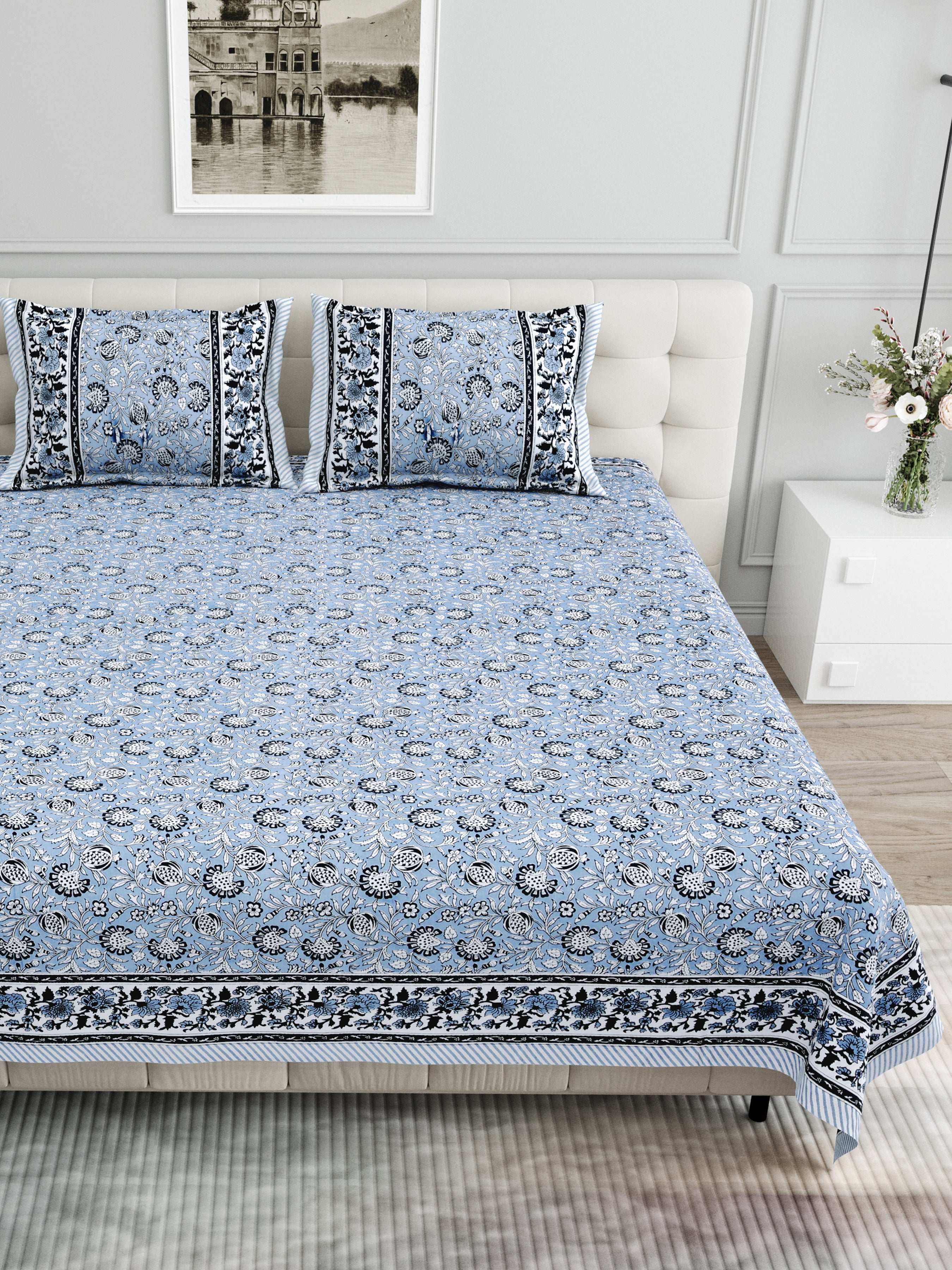 Floral Block-Printed Cotton Bedsheet- Blue