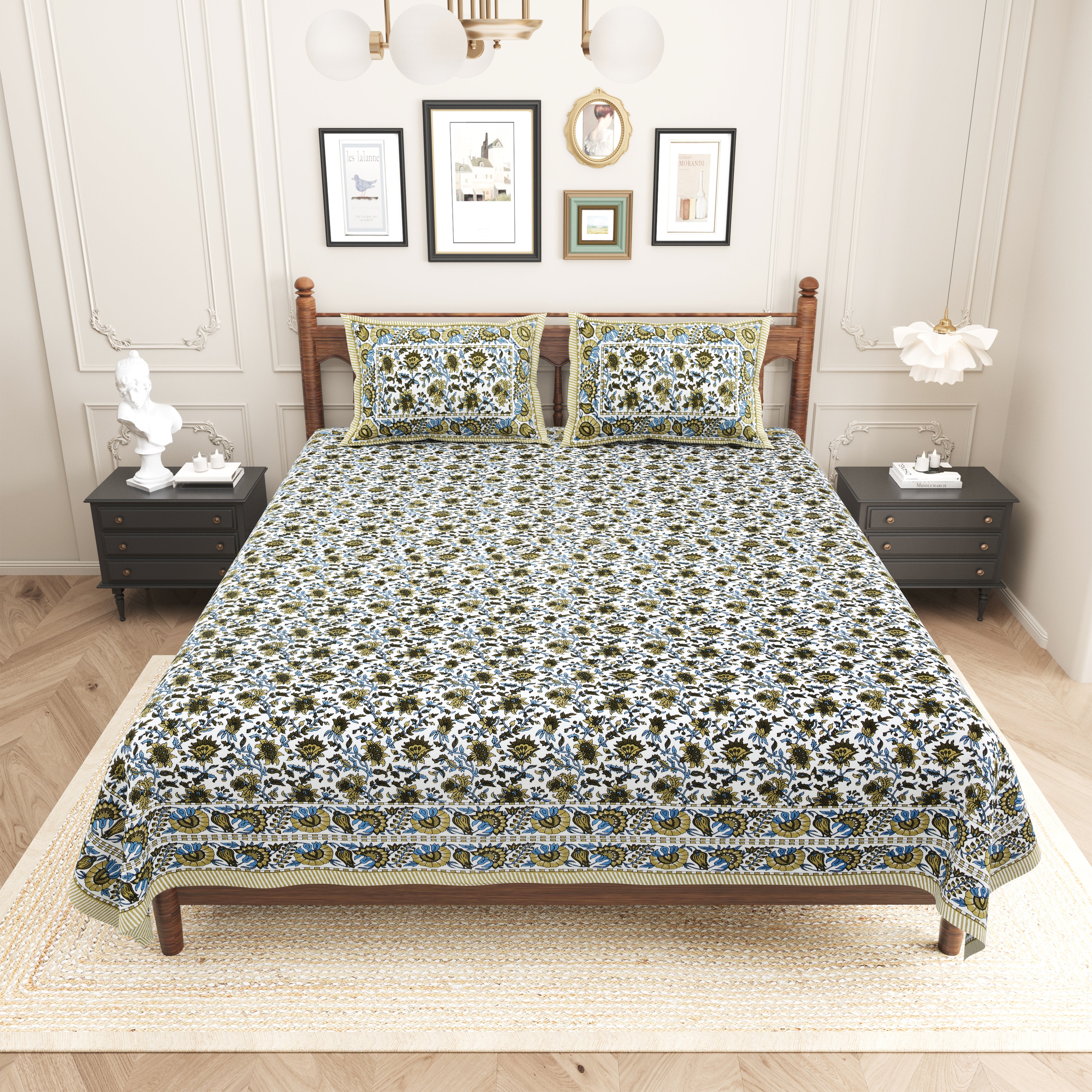 Floral Printed Pure Cotton Bedsheet - Green