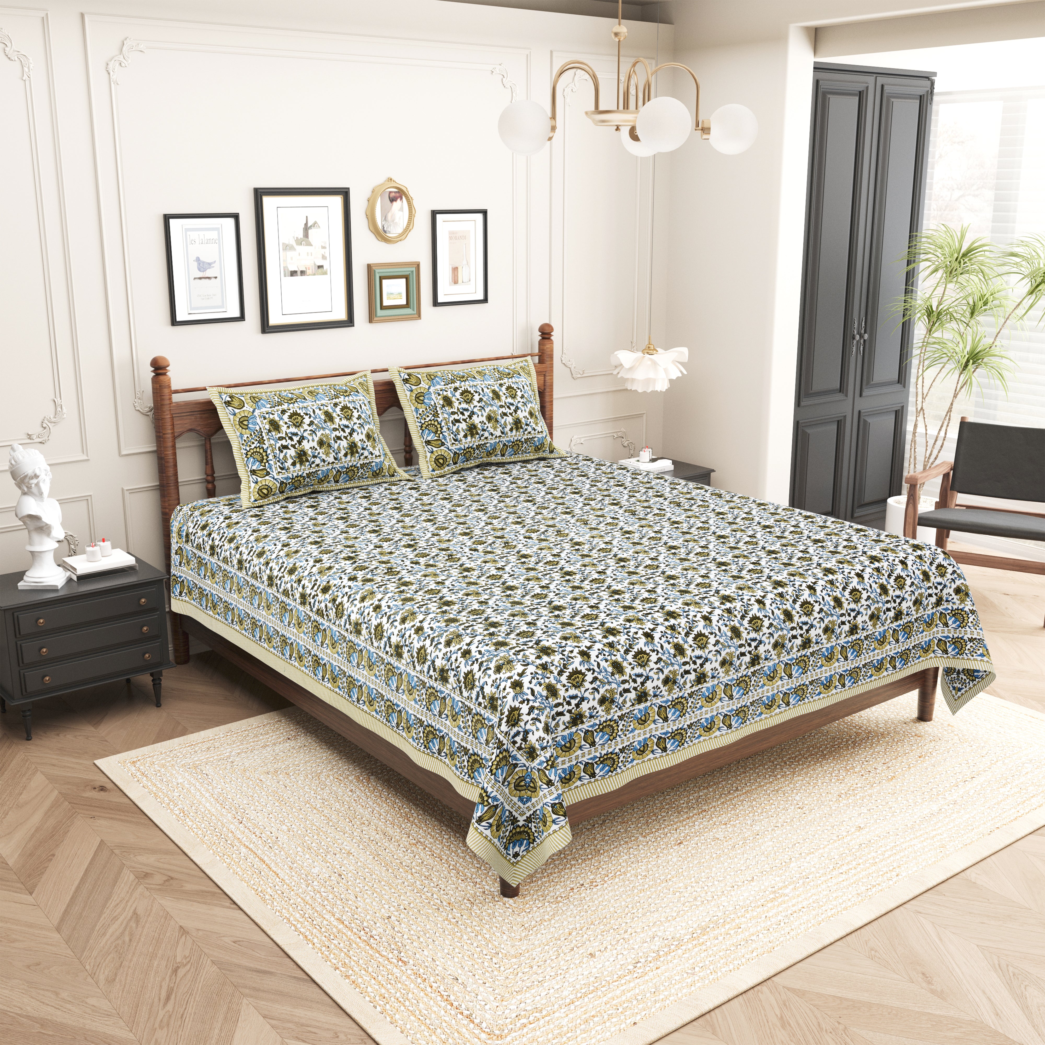 Floral Printed Pure Cotton Bedsheet - Green
