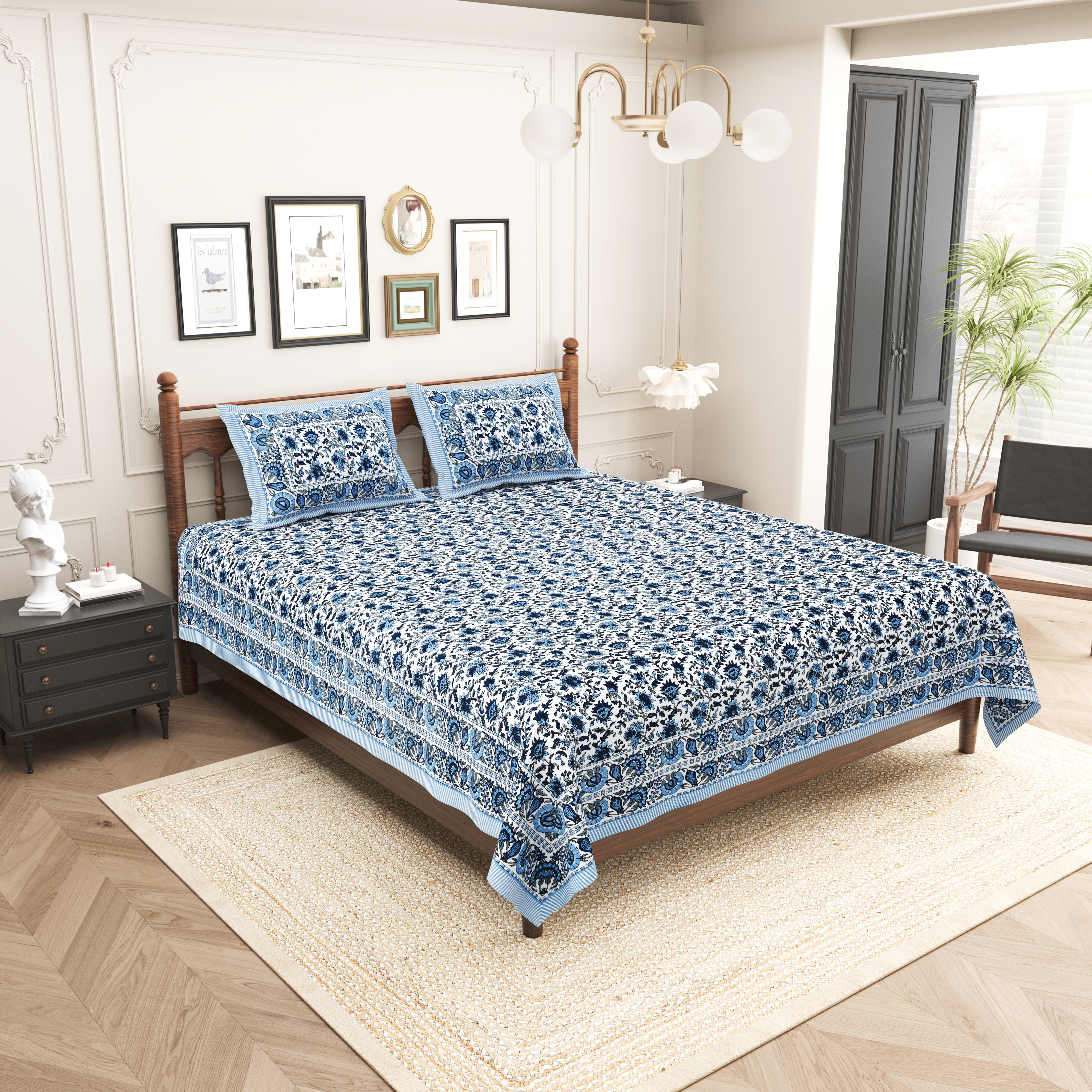 Floral Printed Pure Cotton Bedsheet - Dark Blue