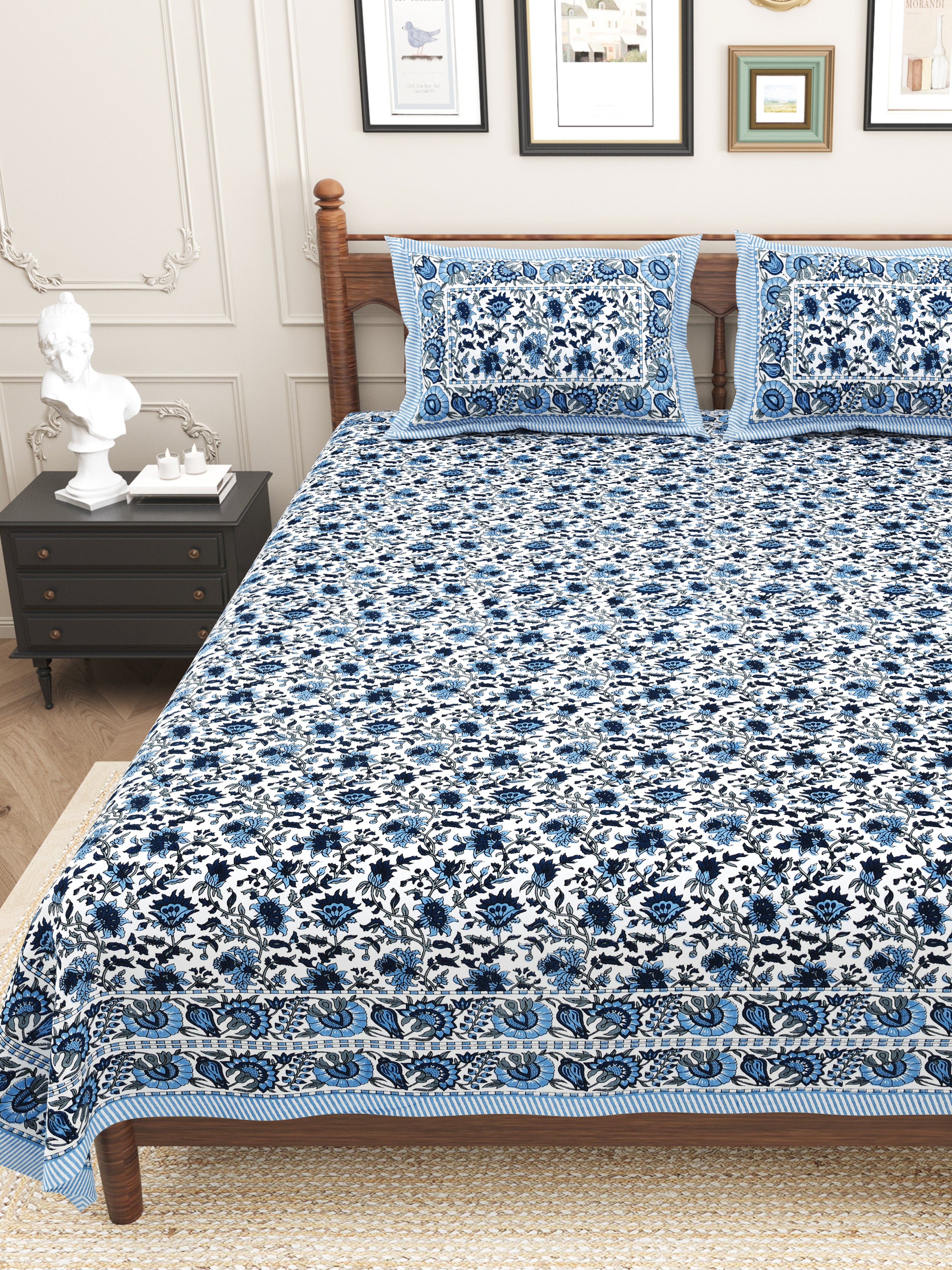 Floral Printed Pure Cotton Bedsheet - Dark Blue