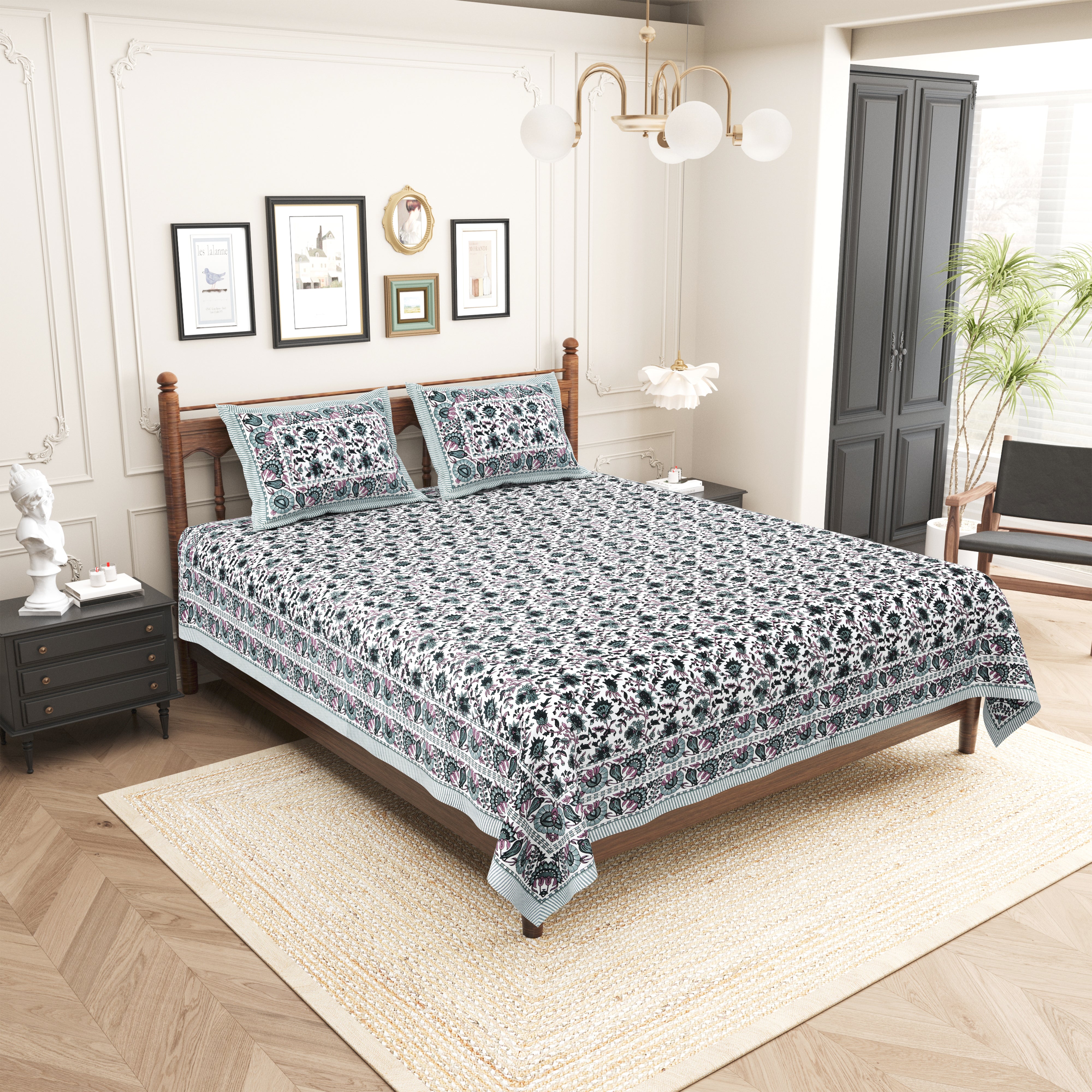 Elite Pure Cotton Floral Printed King Size Bedsheet - Grey & White