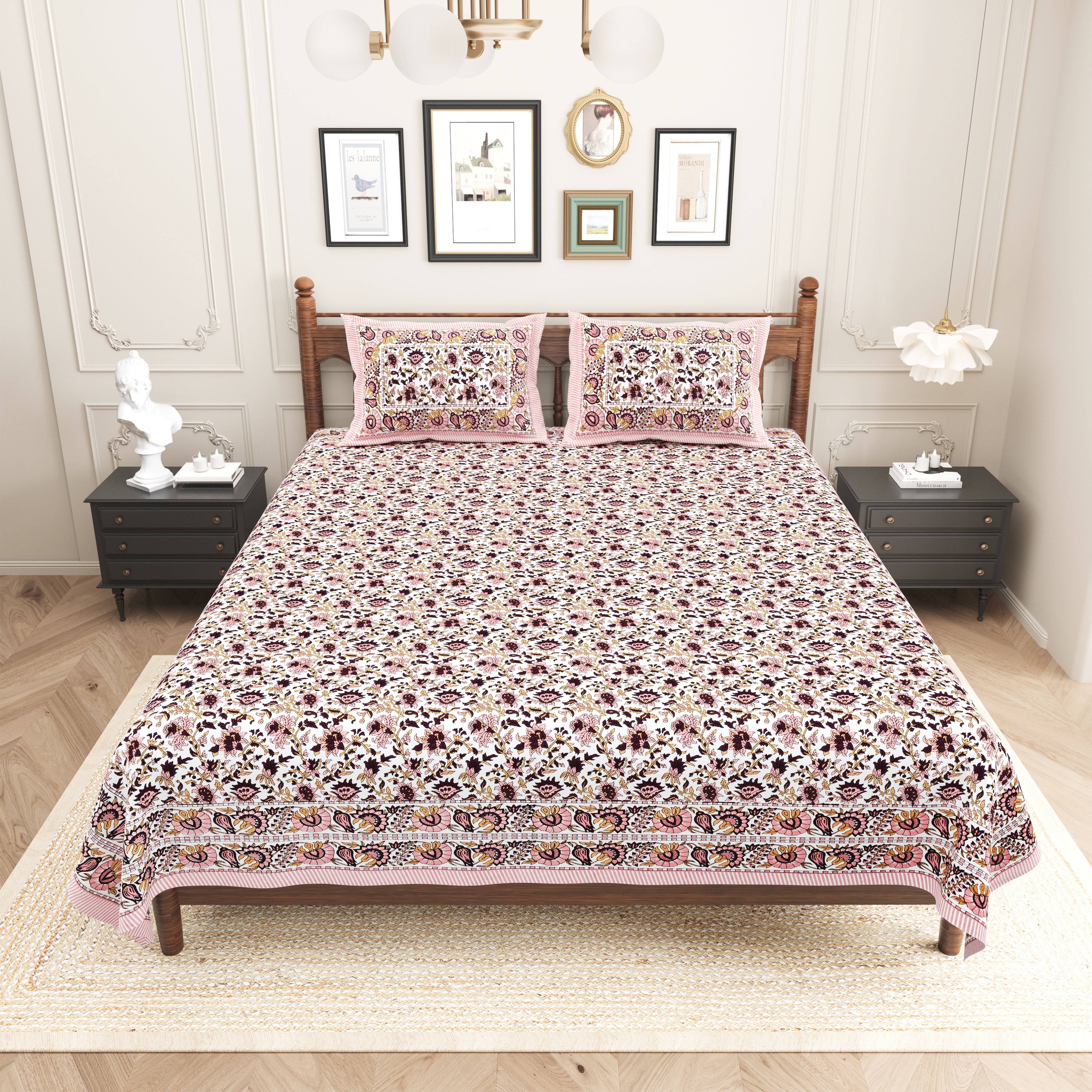 Floral Printed Pure Cotton Bedsheet - Baby Pink