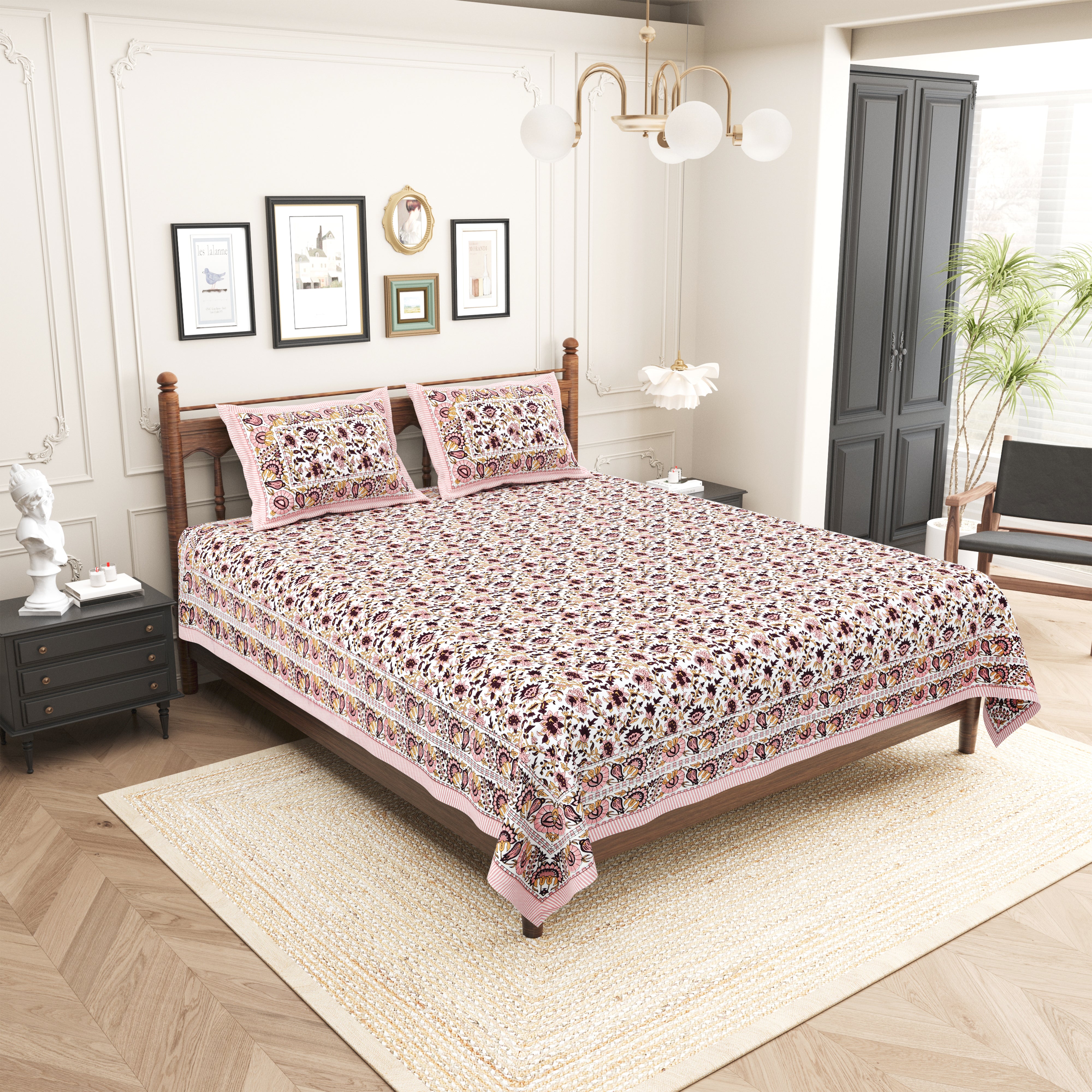 Floral Printed Pure Cotton Bedsheet - Baby Pink