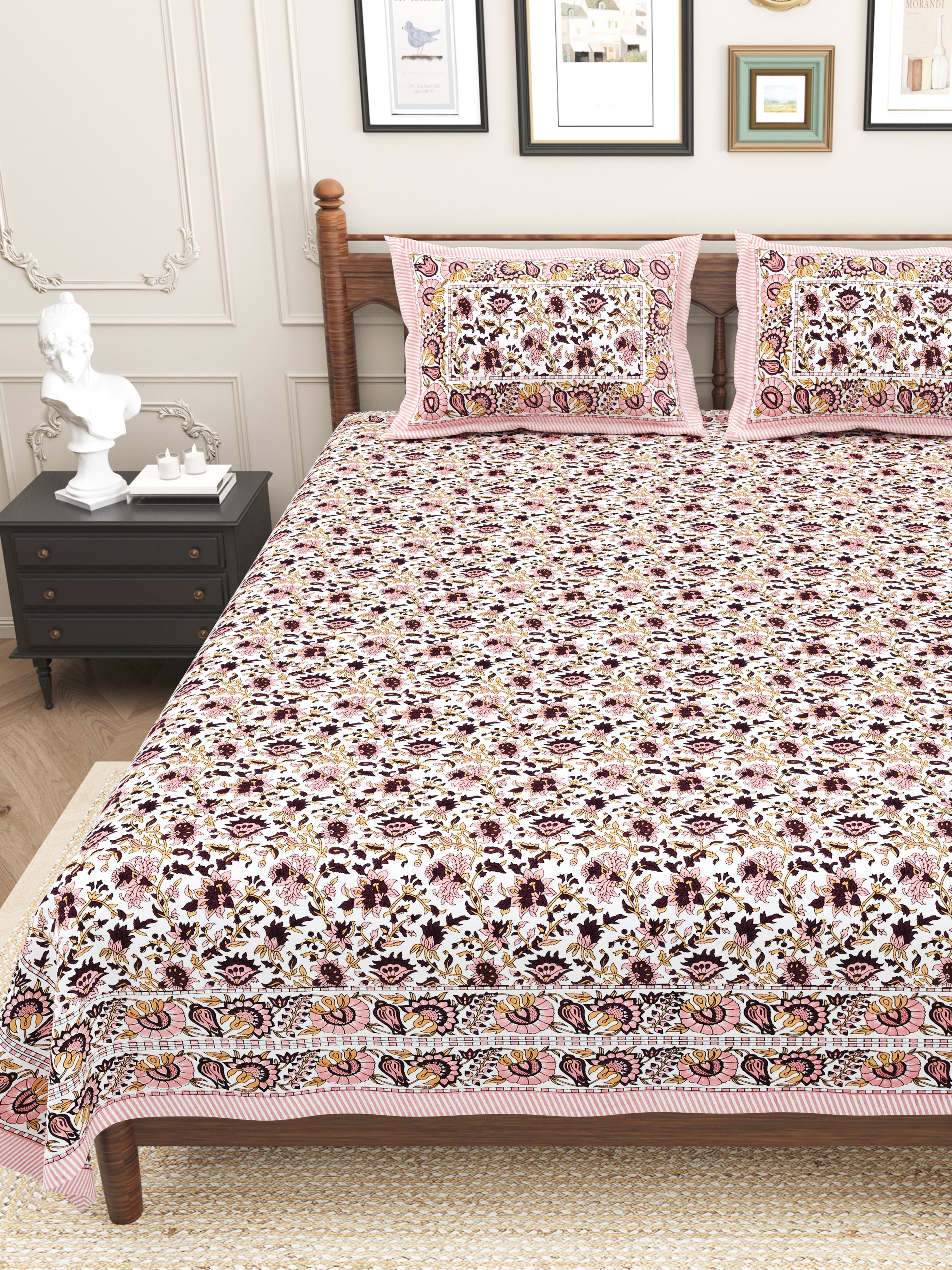 Floral Printed Pure Cotton Bedsheet - Baby Pink