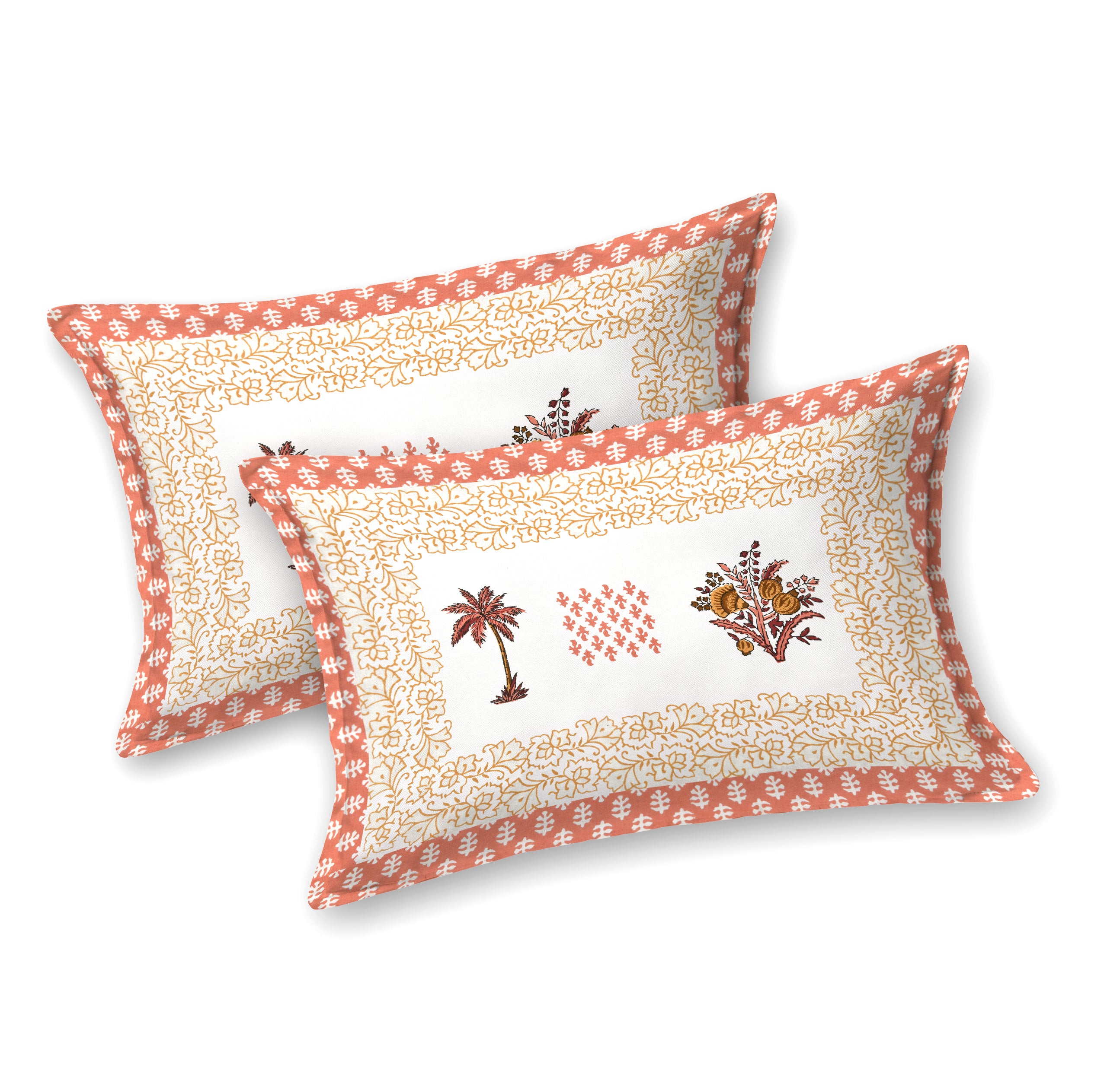 Blockprinted Tree Pure Cotton Bedsheet - Orange