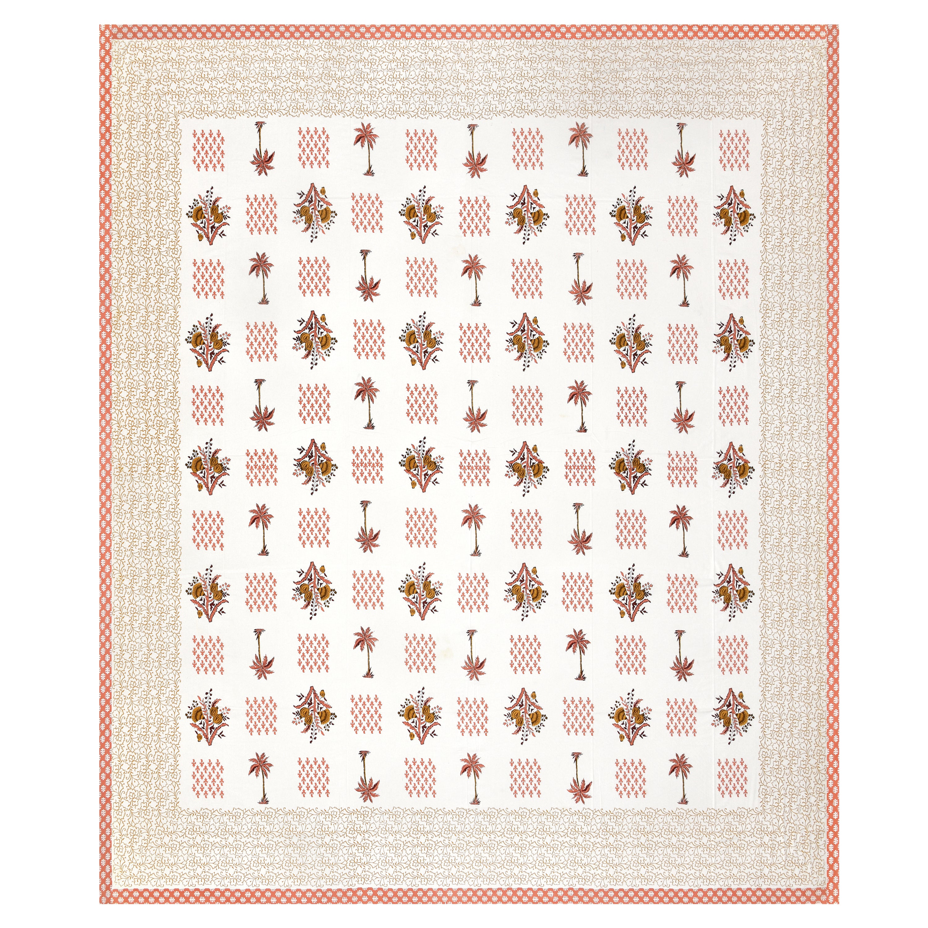 Blockprinted Tree Pure Cotton Bedsheet - Orange