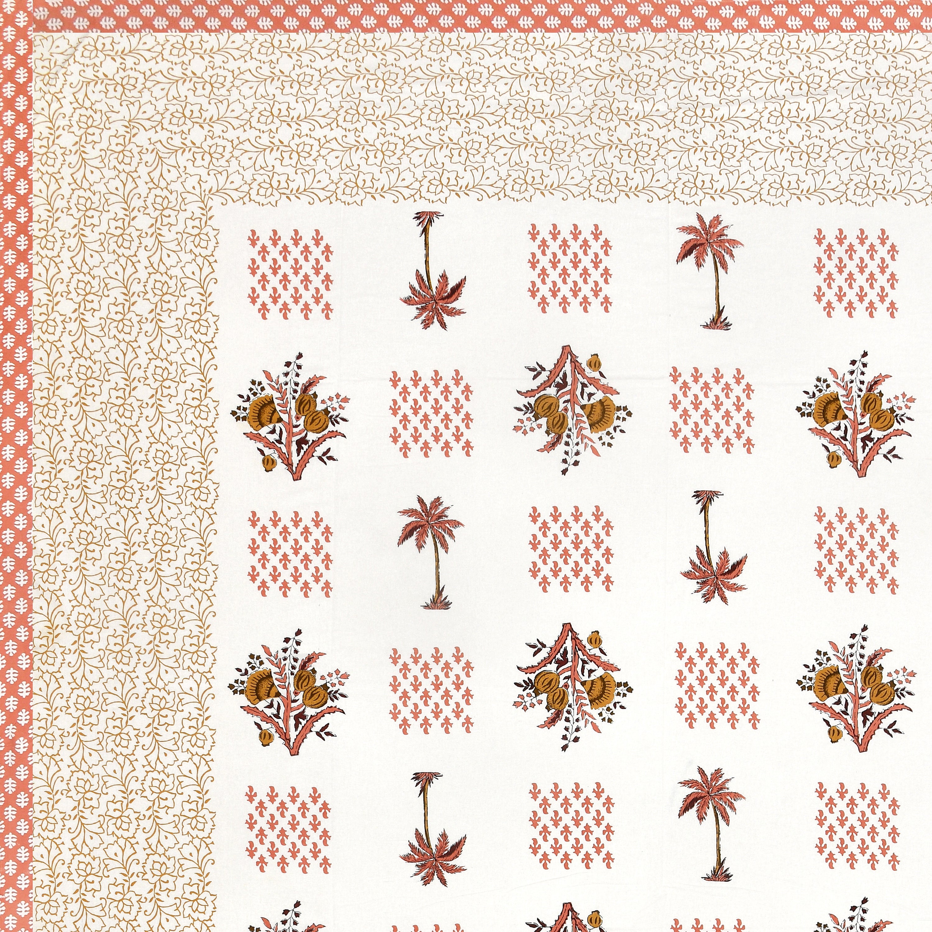 Blockprinted Tree Pure Cotton Bedsheet - Orange