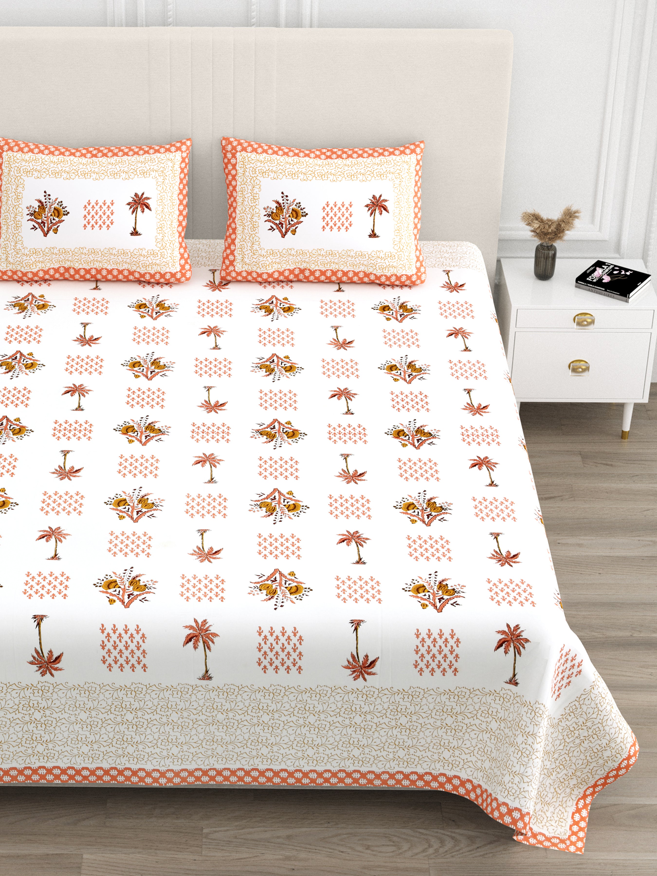 Blockprinted Tree Pure Cotton Bedsheet - Orange