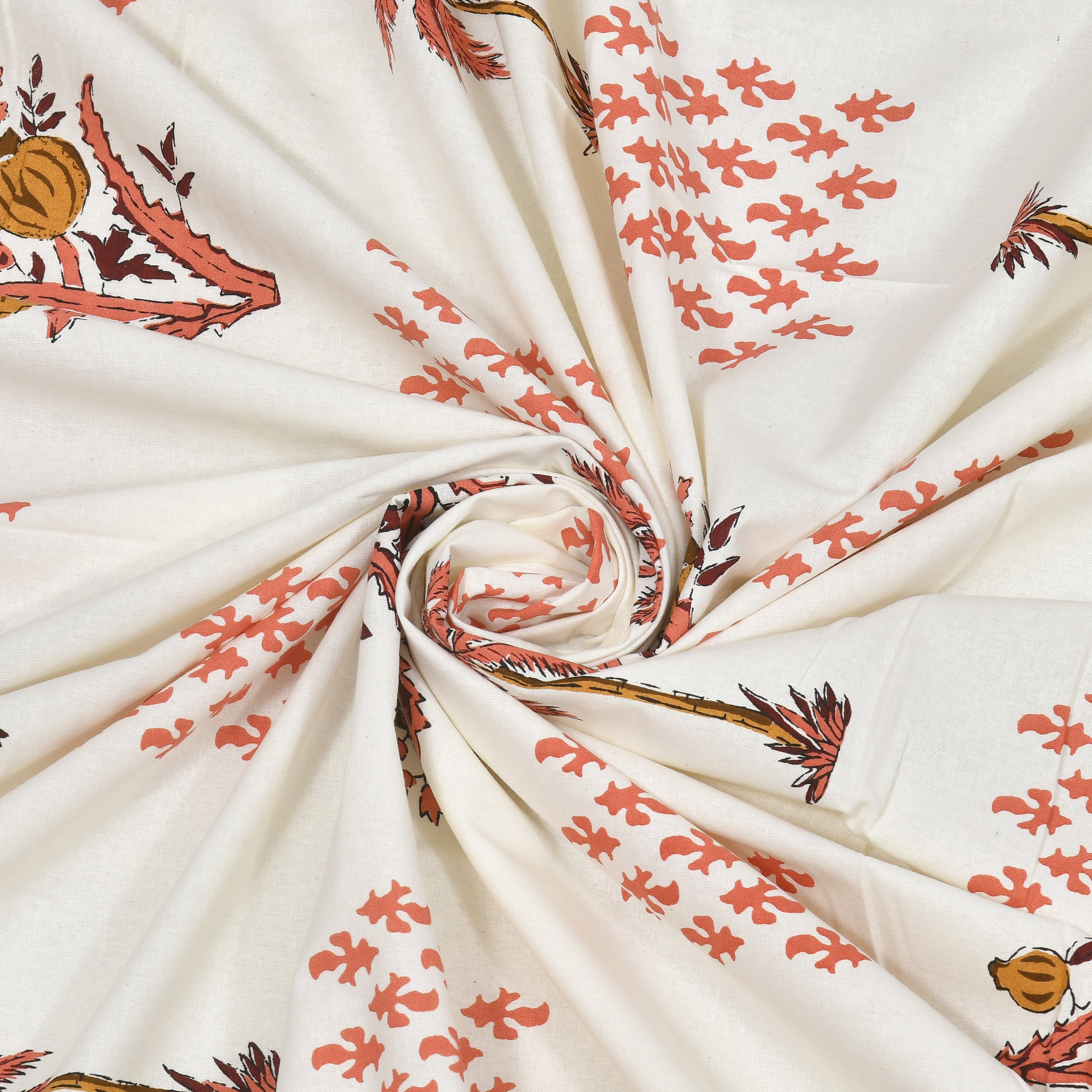 Blockprinted Tree Pure Cotton Bedsheet - Orange