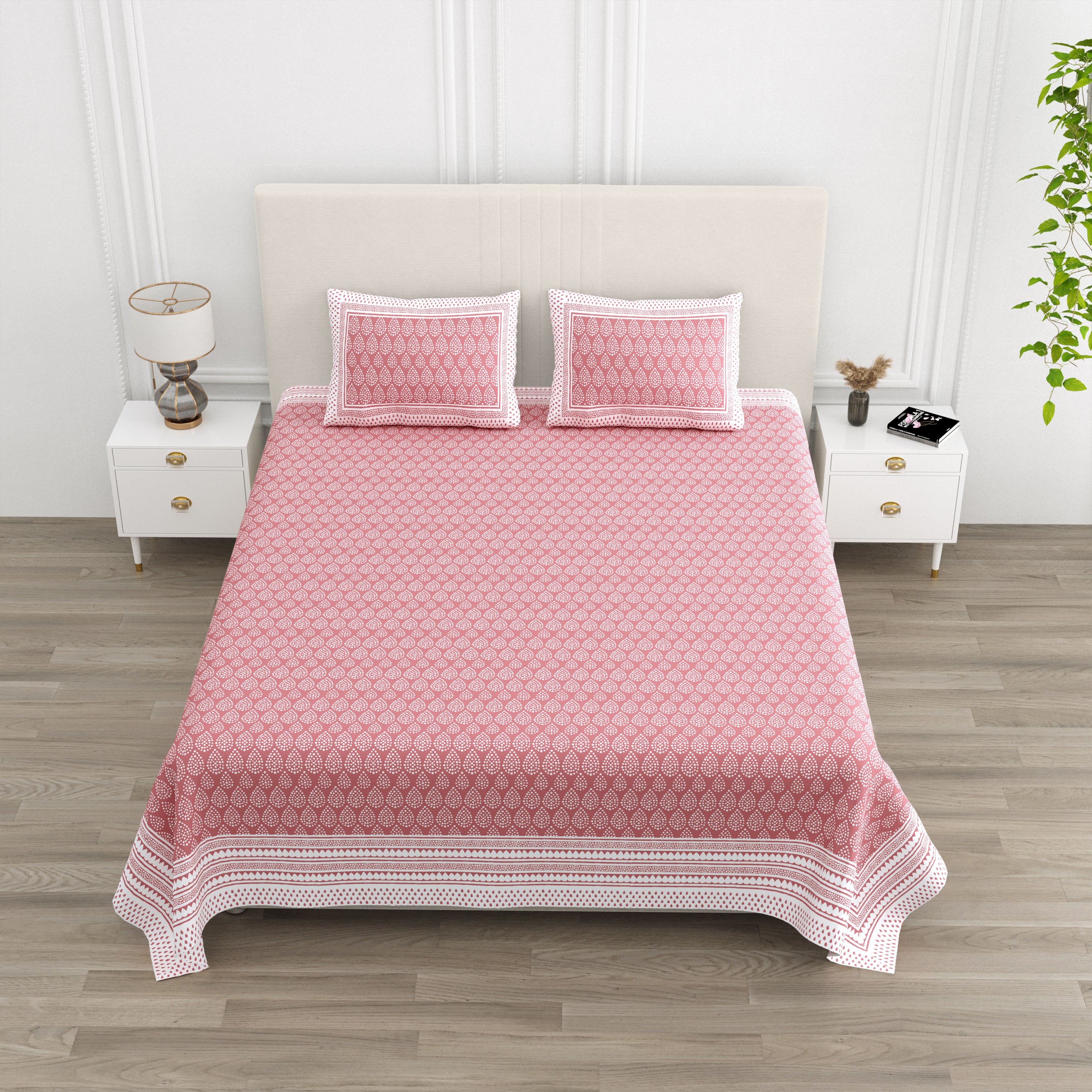 Teardrop Printed Cotton Bedsheet - Pink