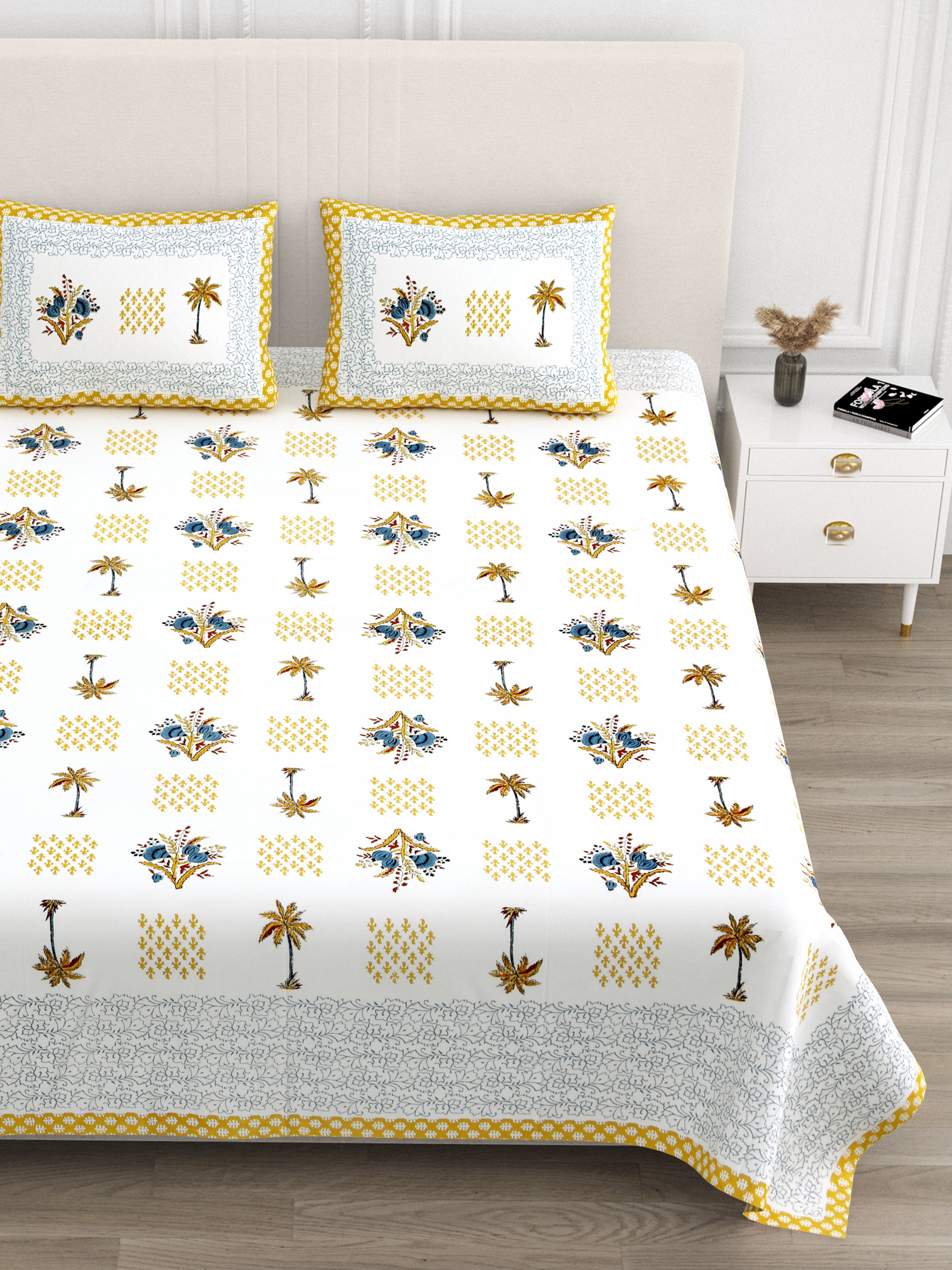 Blockprinted Tree Pure Cotton Bedsheet - Yellow