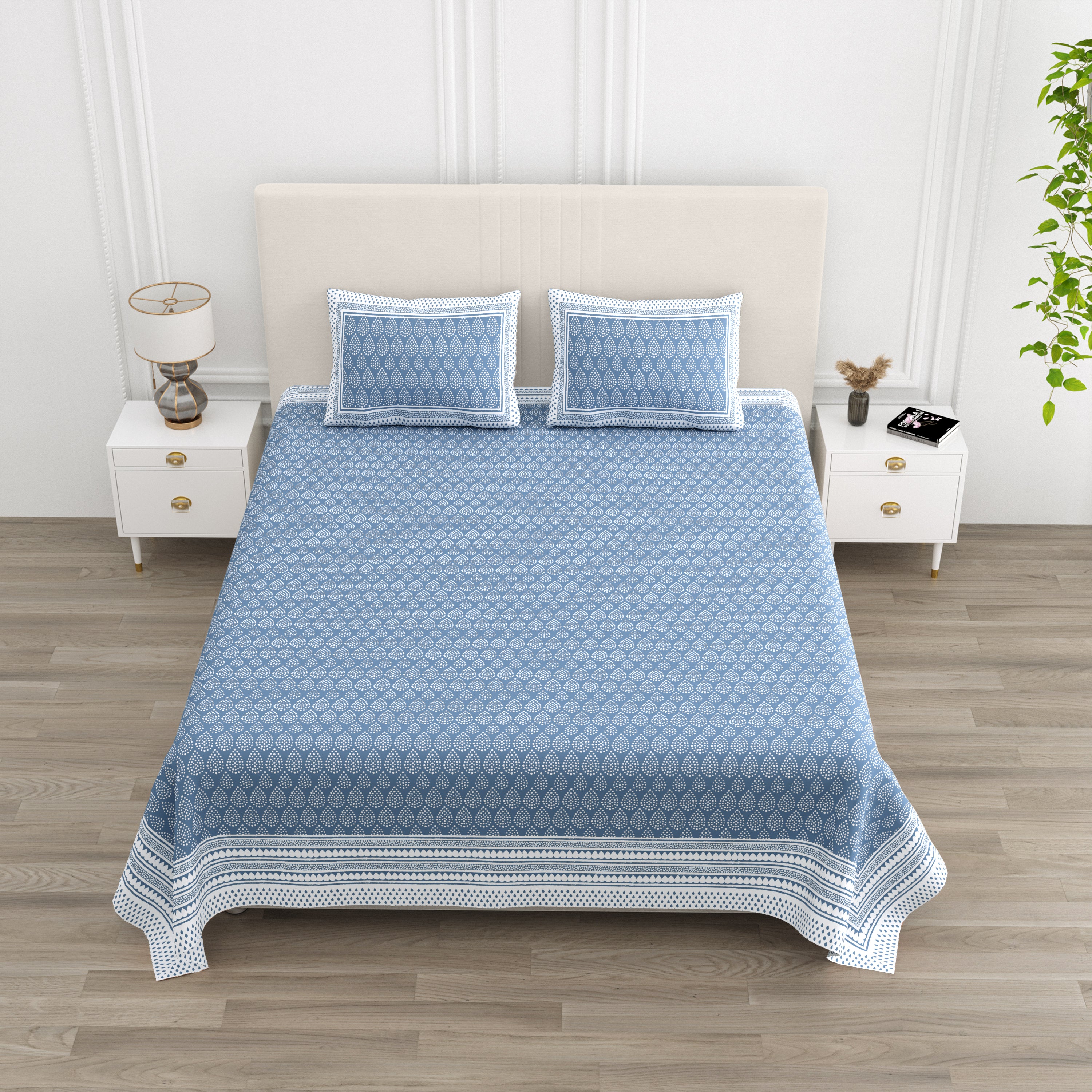 Teardrop Printed Cotton Bedsheet - Dark Blue
