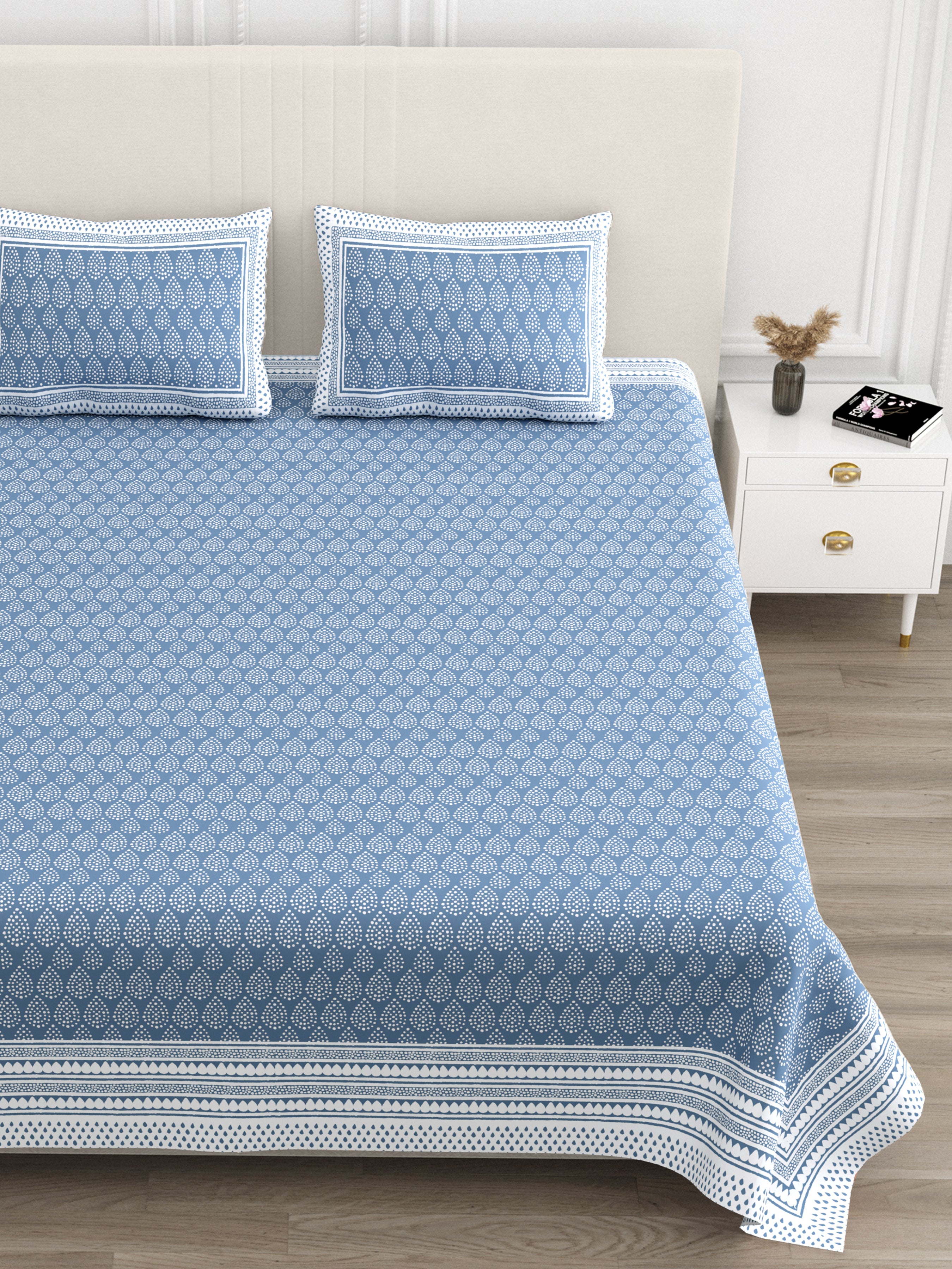 Teardrop Printed Cotton Bedsheet - Dark Blue