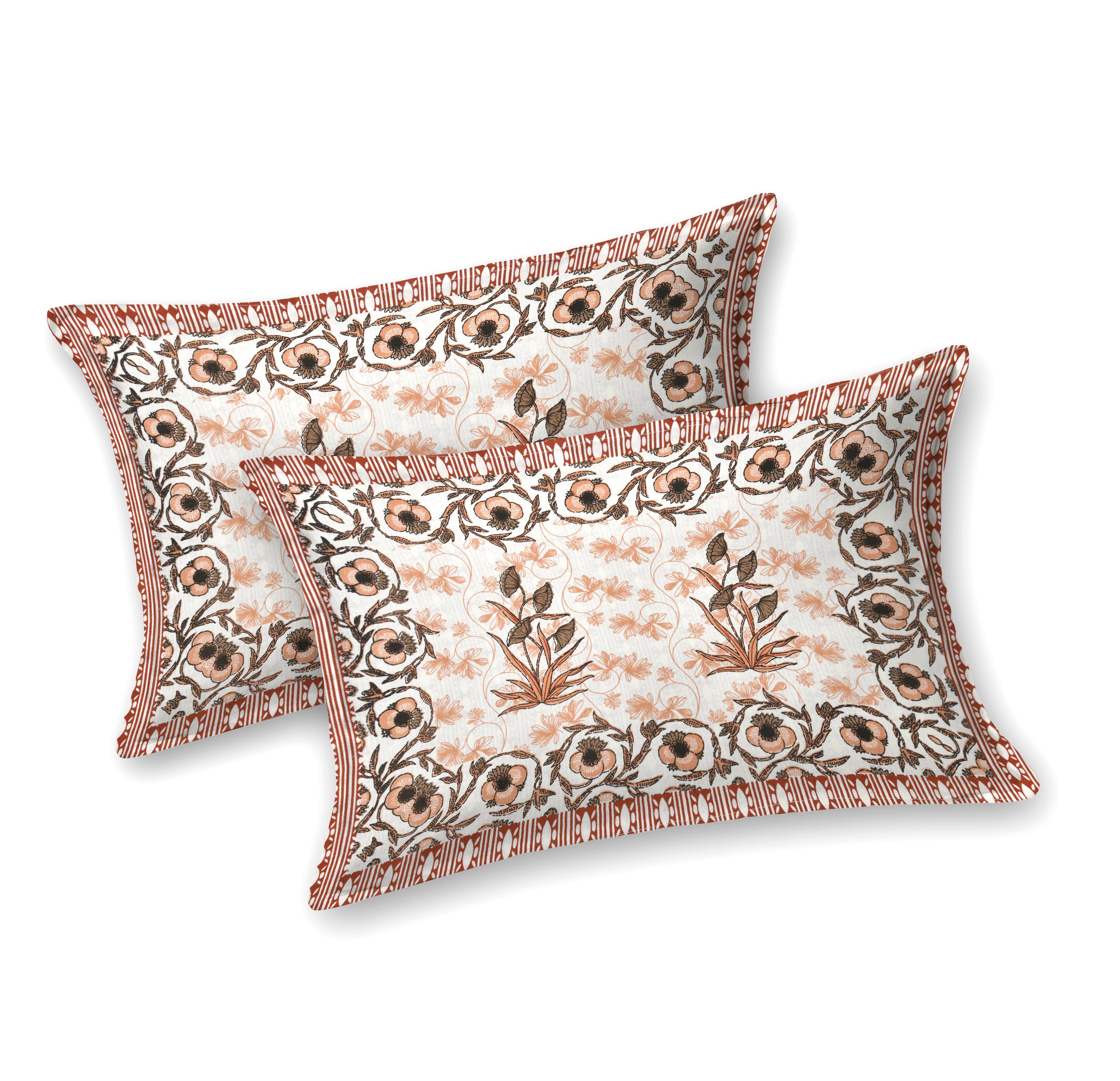 Floral Border Cotton King Size Bedsheet - Rust