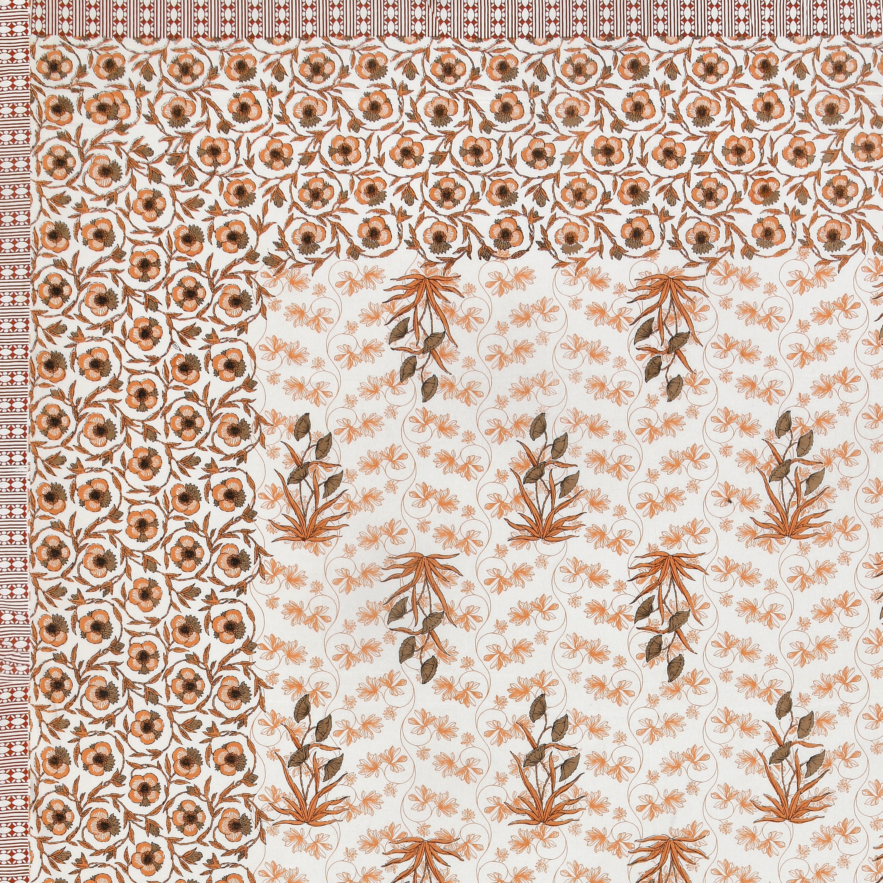 Floral Border Cotton King Size Bedsheet - Rust
